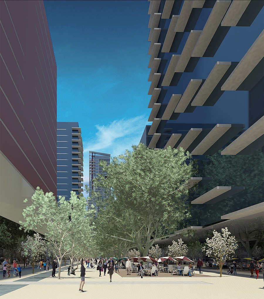 The ‘Paseo’ mediates between architectural and human scale along one of West 2nd‘s bustling commercial streets (the district features 750,000SF of office and retail space)
