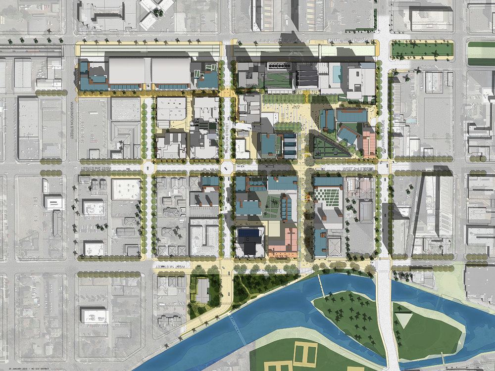The West 2nd District Development Plan features an open space framework that connects people to each other and their environment