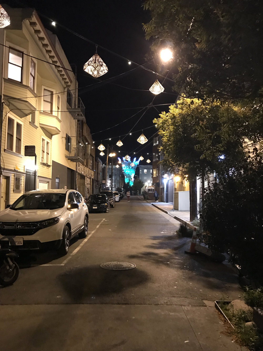  The new hanging lanterns light up Linden Alley after dark 