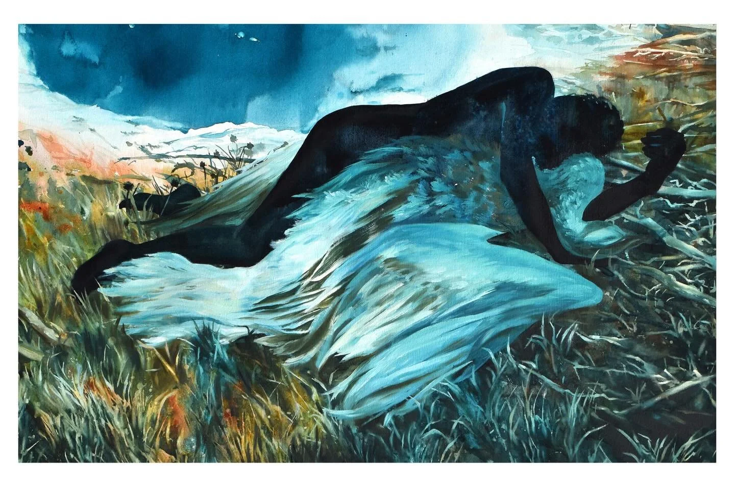 Goose Dirge, 2025, watercolor oil on paper.

Mourning song for a flock of migrating snow geese who landed on the Berkeley Pit in 2016, seeking refuge from a storm. Residence woke to find thousands of birds floating in the pit, poisoned by the water. 