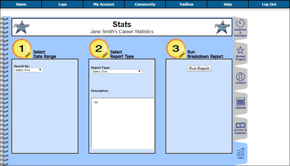 Everything you enter into PerformerTrack gets broken down into easy-to-understand stats; Learn your Callback Rates, Booking Rates, etc.