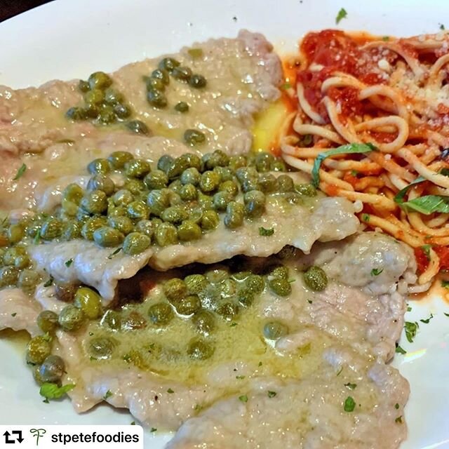 This is a sign you need to come dine with us this weekend. #cafecibostpete #repost @stpetefoodies
・・・
Veal Piccata sautéed in a lemon butter sauce and capers and spaghetti from @cafecibostpete - The quality of the veal is just spectacular and a favo