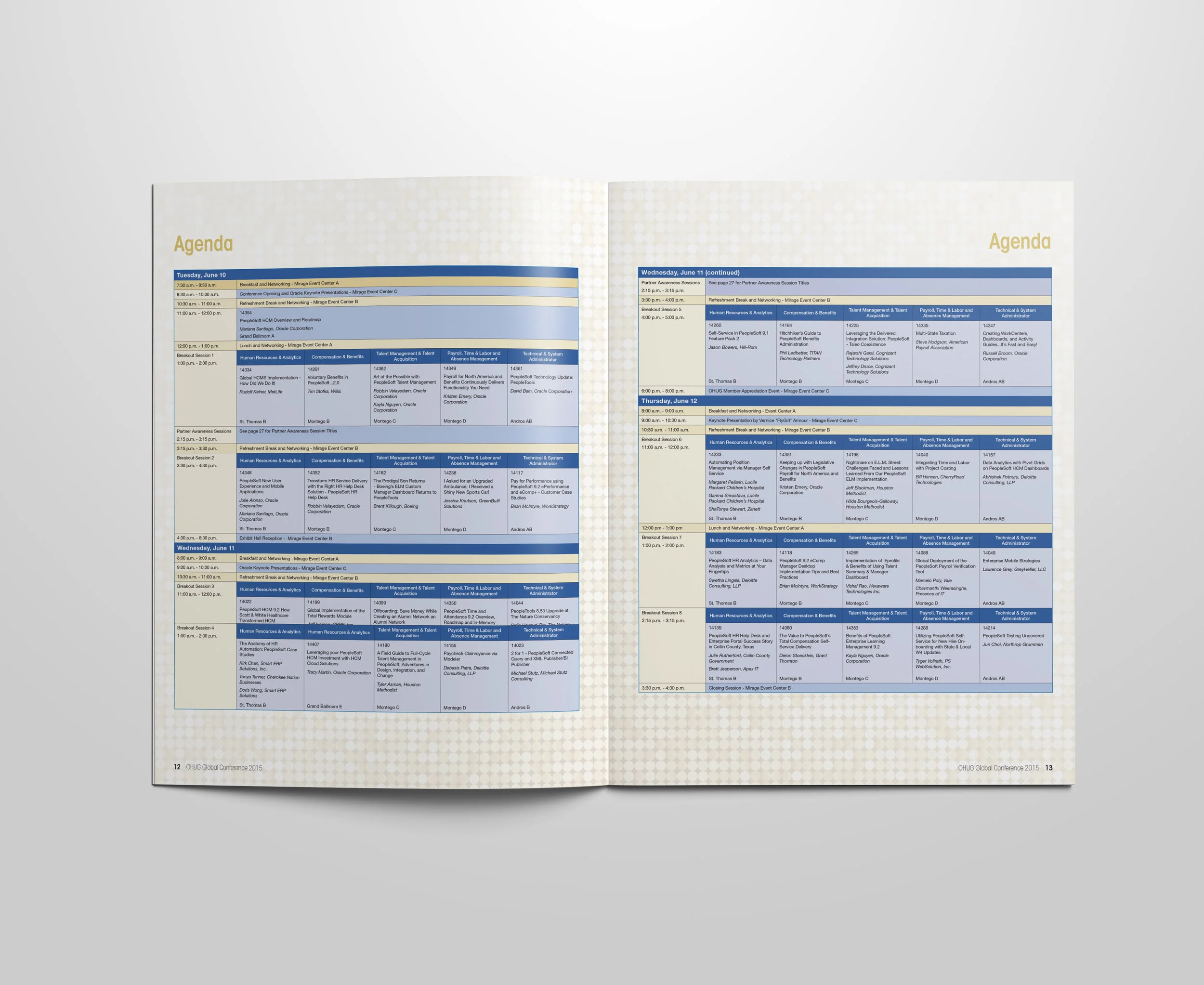  Table formatting was used to present the daily agendas (date, time, location, title, presenter name, etc.). 