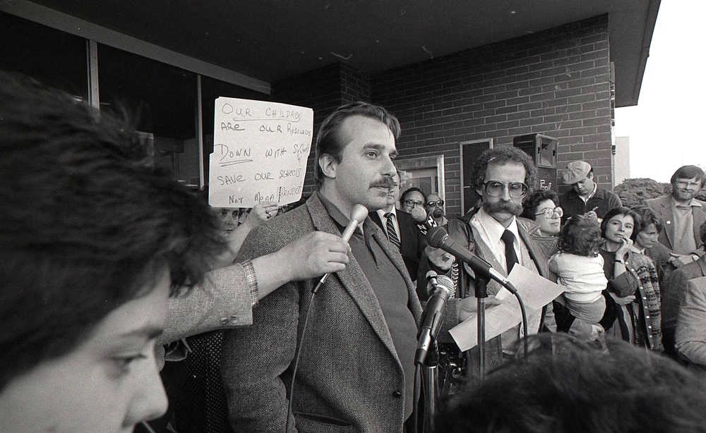 Rally in support of fired VSB trustees, 1985