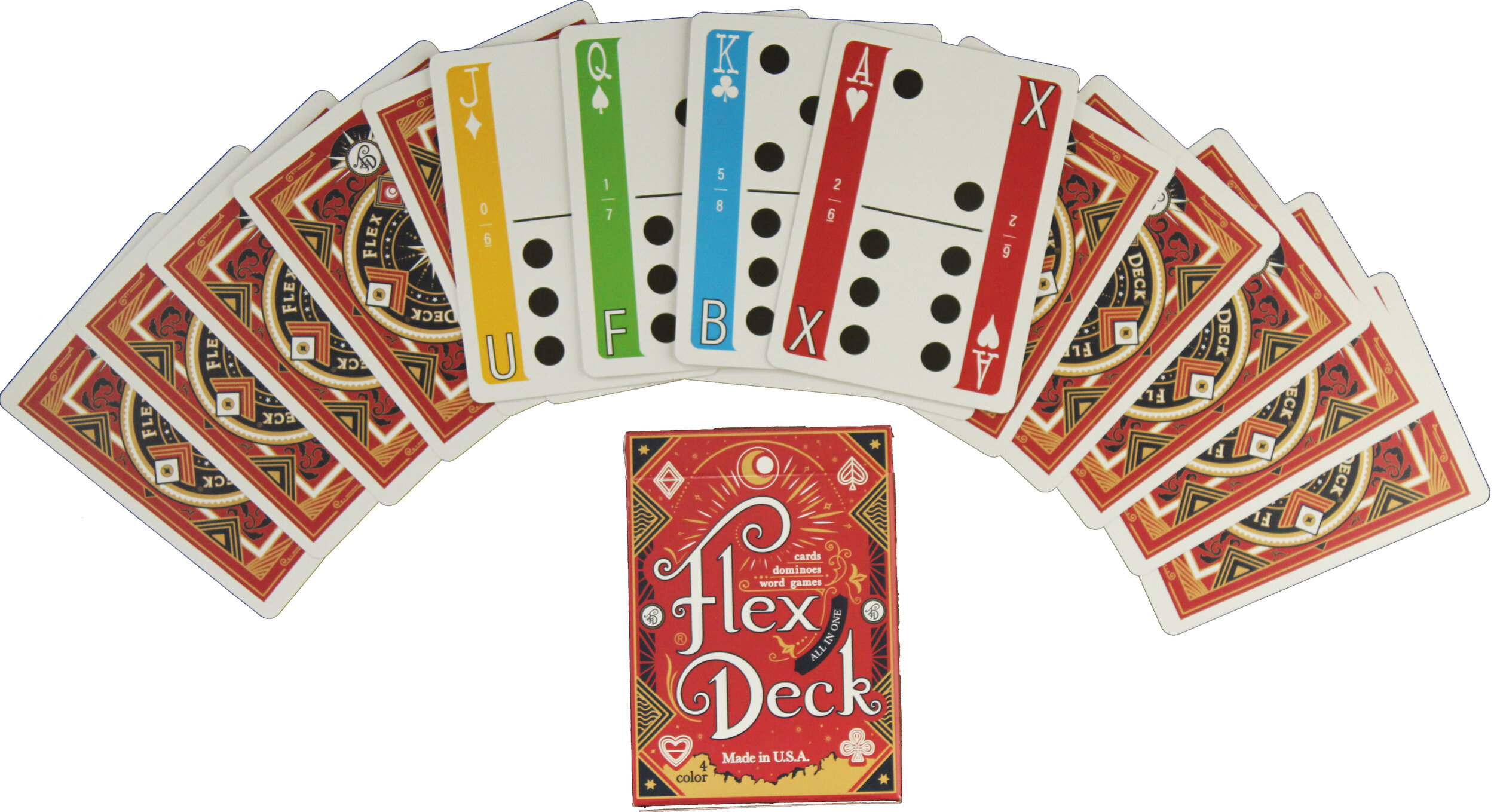 Flex Deck Playing Cards - 4 Color Back Design Spread with Court Cards and Tuck Box.jpg