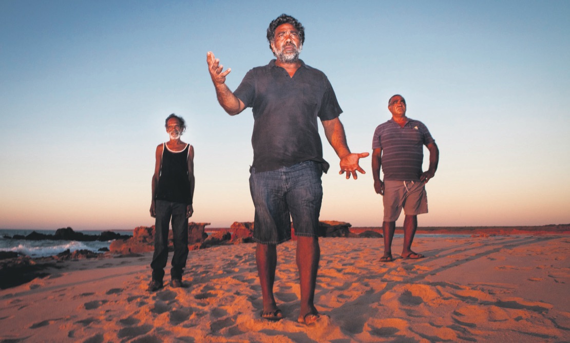 Richaqd Hunter (L), Joseph Roe (C) and Phillip Roe (R) - Walmadany traditional law custodians. Image: Damian Kelly.