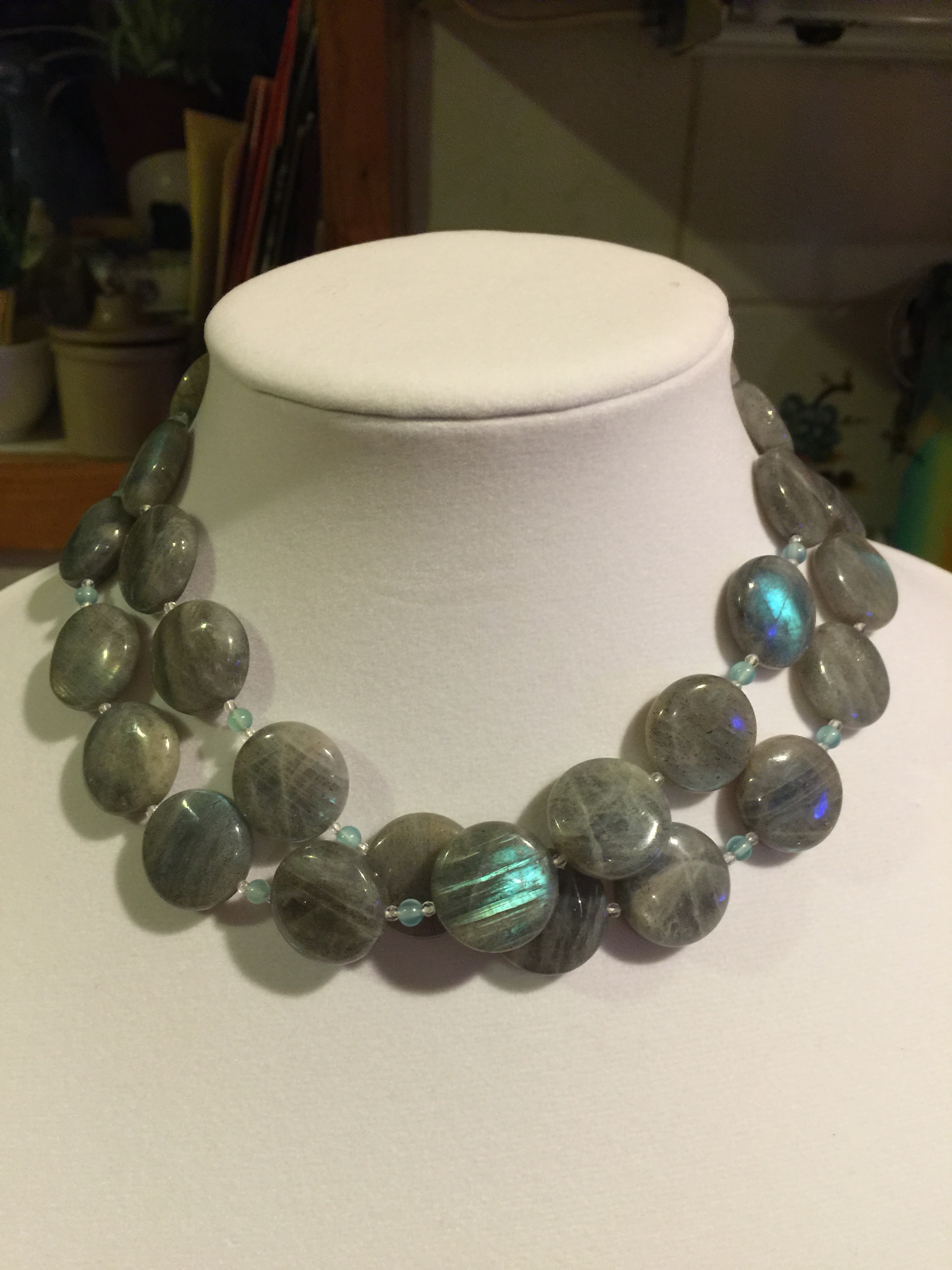 labradorite NECKLACE Long labradorite necklace with aqua agate beads and glass beads. Handmade sterling silver clasp.