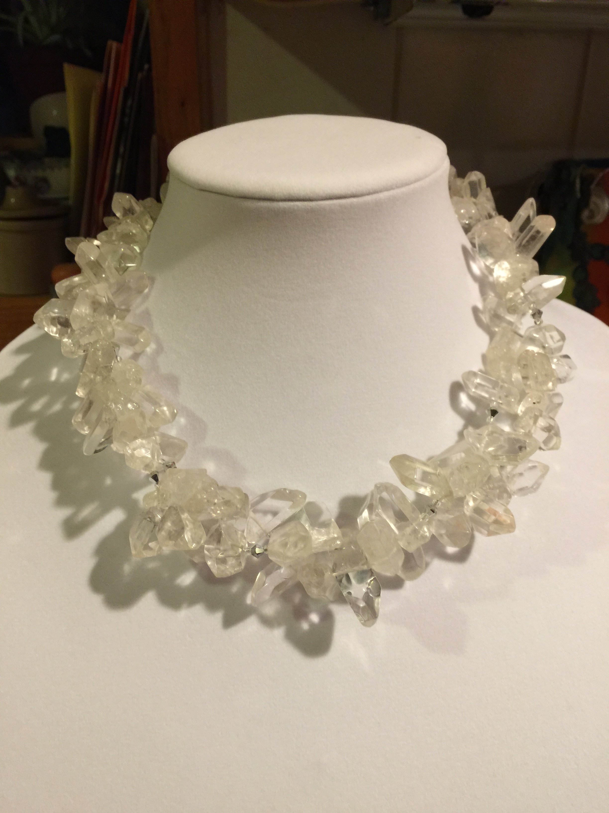double QUARTZ NECKLACE Double strand of natural clear quartz crystals, glass beads and a handmade sterling silver clasp for each strand.