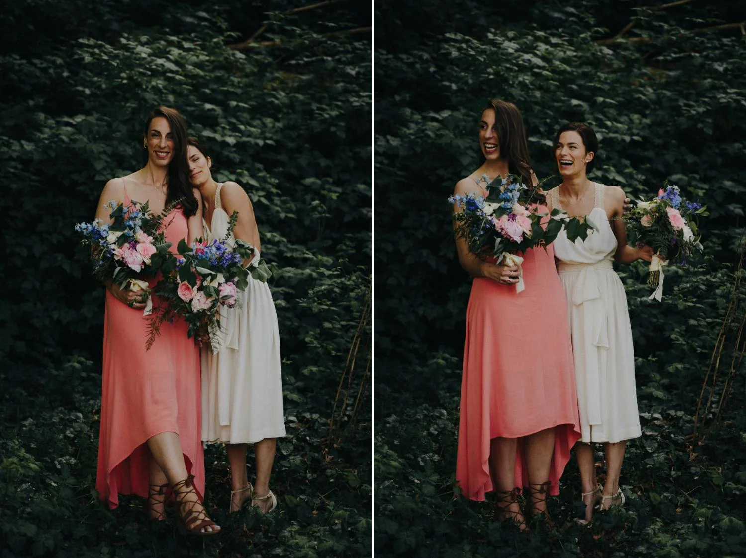 bride and maid of honor laughing