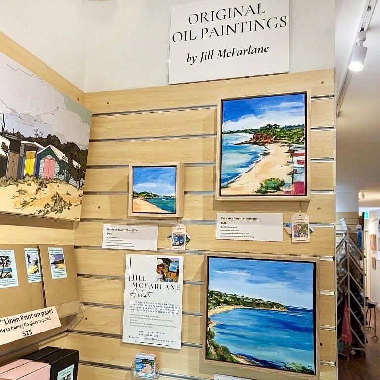 My original oil paintings painted en plein air (outdoors) on the Peninsula are now available to buy in store @artisans_alley_mornington where I&rsquo;ve created a mini display next to my colourmeadow work.  Really pleased with myself to be oil painti