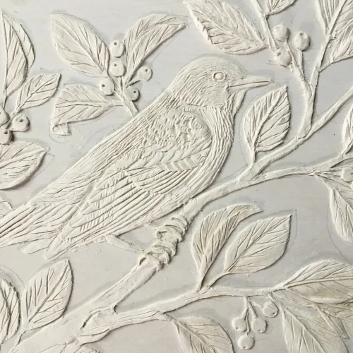 American Robin, paper clay on panel, detail from 6x8