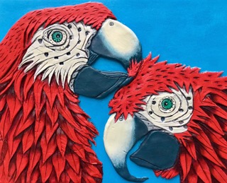 Scarlet Macaws This is my first efforts working with Paper clay, and depicts two scarlet Macaws preening eachothers feathers in a display of affection. The piece measures 10 x 12 inches and is paperclay on acrylic primed canvas board. I followed Rogene's detailed instructions and look greatly forward to working further in this enjoyable medium. Thank you for all of the instructions and inspiration packed into your book!
