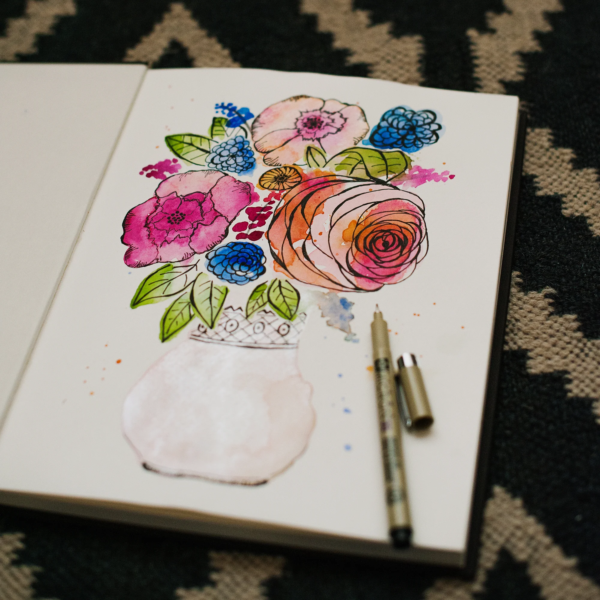 Garden flowers • watercolors & ink pen exploration --- I love laying down the watercolors first, and then letting my imagination see shapes and forms in the color pigments