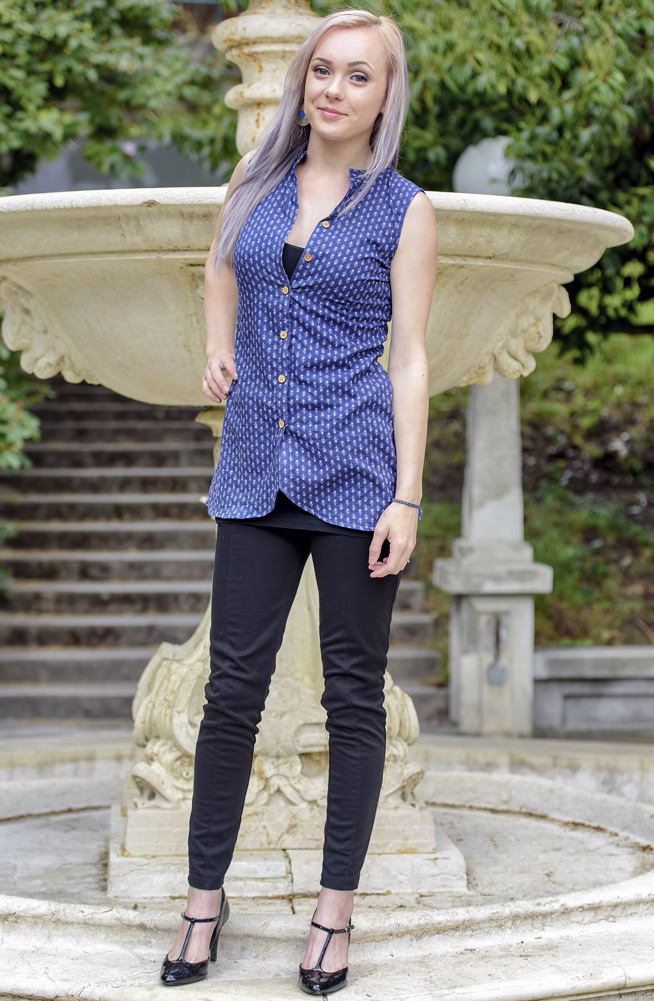 Blue Printed Sleeveless Soft Top