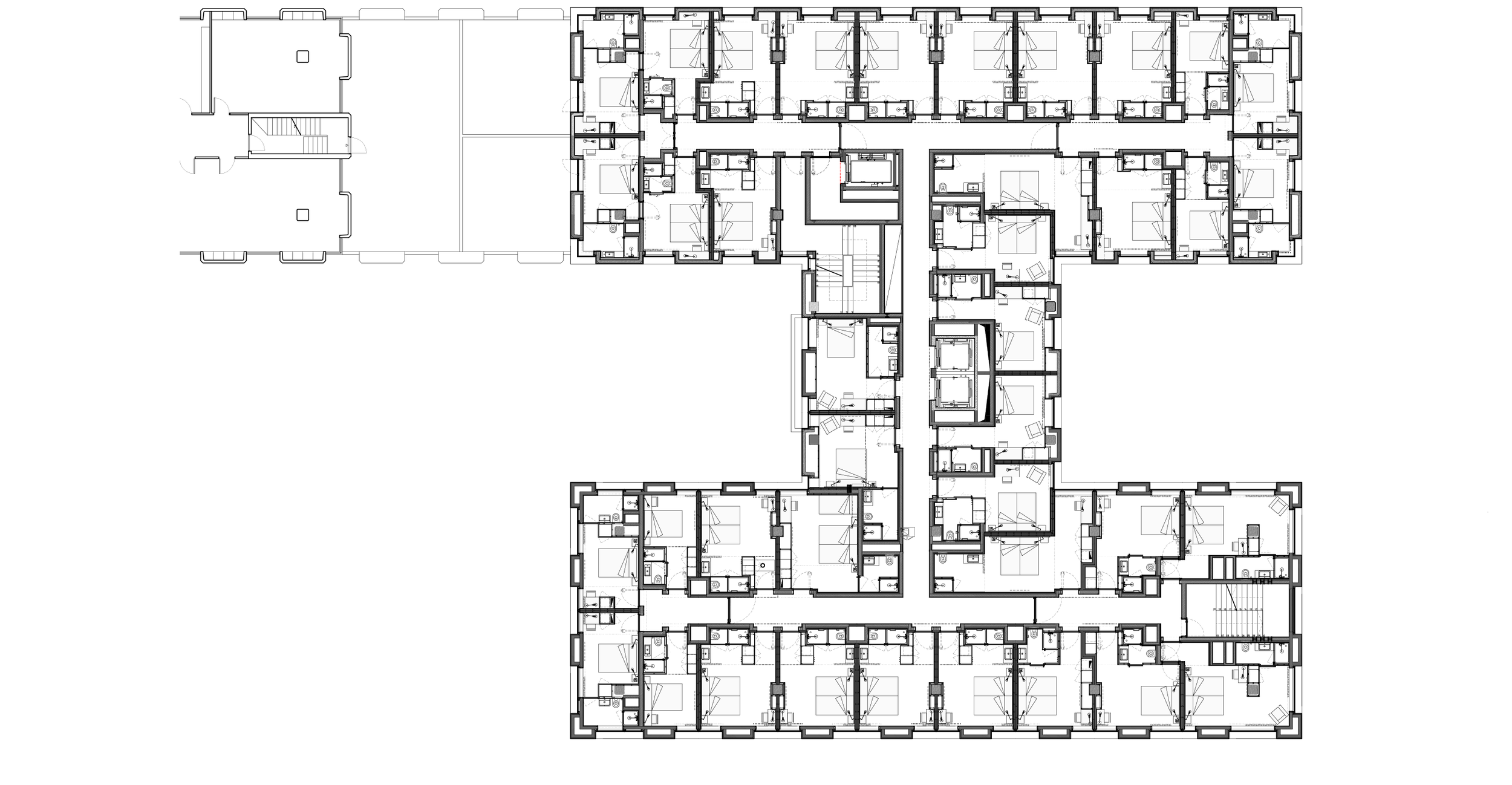  Transformação de um edifício de escritórios em hotel.  O projeto de transformação de um edifício existente de escritórios em Hotel obrigou a uma análise profunda da situação existente quanto aos seus princípios funcionais e vivenciais. Do cruzamento desta análise com o programa funcional e os objetivos do Cliente, resulta a definição de uma estratégia global que tem como princípio uma abordagem racional de apropriação que tenha custos controlados, que se enquadre no local e que seja um complemento válido aos restantes edifícios do pólo hoteleiro.  A primeira ação desenvolvida foi o estudo de ampliação do edifício existente, de modo a viabilizar a operação hoteleira da qual depende um número mínimo de quartos. Neste sentido, tomou-se como principio a cércea e o número de pisos do edifício 124, que tem 5 pisos acima do solo. Este principio permitiu-nos o aumento da volumetria global do edifício (em um piso nos corpos centrais e nascente, e em dois pisos no corpo poente) sem que o equilíbrio na relação com o edifício 124 fosse perturbado.  Para além da ampliação em altura, houve lugar também à ampliação do piso 0, que atualmente tem os seus planos de fachada recuados em relação aos pisos superiores. Esta ampliação fez-se alinhando os planos de fachada, e ocupando parcialmente o adro sul, de forma a que permita uma leitura mais nobre da entrada do hotel, áreas tradicionalmente tratadas de forma mais cuidadas.  Desta ampliação resulta o potencial para a integração de 173 quartos, entre os 14 e os 26m2 de área útil. Após a definição das áreas e volumetrias gerais, houve lugar à redefinição dos princípios de acesso e circulação dentro do edifício.  Localização: Lisboa  Programa: Hotel, 7782 m2  Estado do Projecto: Construído  Custo: 6.200.000.00 €  Data: 2016  Cliente: Hotti Hotéis  Arquitectura: Mafalda Ribeiro Ambrósio, João Gomes Leitão e Marcelo Dantas  Colaboradores: Filipe Nunes, Benedita Zamith e Vasco Burnay  Engenharias: Cevel, Igemaci, Prom&amp;e, Exactusensu  Constructora: Grupo RMO 