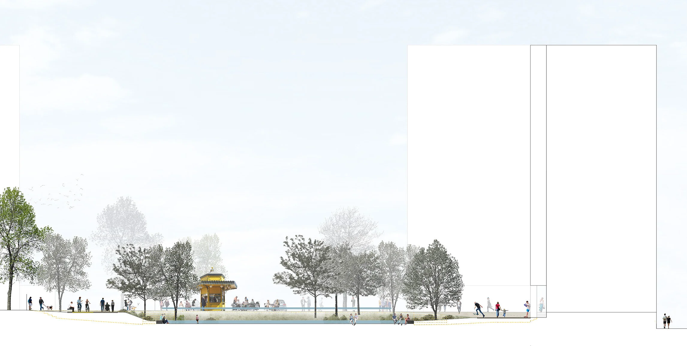    Uma Praça em cada Bairro - Concurso  O eixo central da intervenção é a Alameda António Sérgio, uma área que se pode genericamente descrever como um arruamento onde a circulação viária deu lugar a duas bolsas de estacionamento sem ligação entre si. A bolsa Norte, à cota 94.6, tem acesso pela Rua Vitorino Nemésio que também é abrangida por esta proposta. A bolsa Sul, à cota 92.5, tem acesso a partir da Rua Jorge de Sena. À cota baixa, o espaço central é ocupado por uma plataforma pavimentada, parcialmente vedada, onde existe um campo de ténis privado. A ligação entre os dois troços da Alameda António Sérgio é feita apenas pedonalmente e a diferença de cotas de cerca de 2m vencida através de degraus, lances de escadas, taludes e passeios com pendentes por vezes acentuadas.  A proposta de intervenção partiu do objectivo de tornar os principais espaços de circulação pedonal mais confortáveis e a circulação mais directa, através da eliminação de desníveis e obstáculos, alargamento de passeios nos espaços de maior circulação e da ambição de criação de espaços de estadia nas zonas onde, de acordo com a ocupação actual do edificado com carácter público, existente e potencial, pareçam existir condições para a criação de uma centralidade que permita à população fruir o espaço exterior.  A proximidade com o Parque da Quinta de Santa Clara, a poente, foi identificada como uma oportunidade para estabelecer uma articulação com a área de intervenção, valorizando-a. O arruamento paralelo à vedação nascente do parque tem um declive longitudinal suave, e trata-se de um eixo que, uma vez desimpedido do acesso automóvel (dado que não existem aqui acessos a garagens que seja obrigatório garantir) se poderá tornar uma alameda de circulação pedonal confortável, arborizada, onde seja possível integrar com segurança passeios e a ciclovia, estabelecendo uma ligação directa no sentido Sul Norte entre a Azinhaga da Cidade e o ISG, Igreja e Estrada da Ameixoeira, na zona alta do projecto.  Concurso por convite  Localização: Lisboa  Programa: Arranjos Exteriores  Data: 2015  Cliente: Câmara Municipal de Lisboa  Arquitectura: Mafalda Ribeiro Ambrósio, João Gomes Leitão e Filipa Pedro Branco   