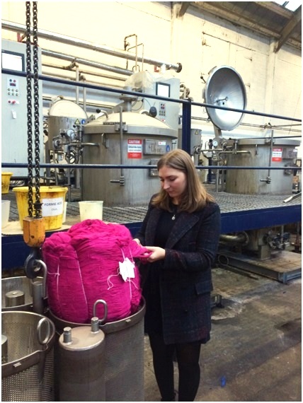 Geri looking at some of the recently dyed fibres in the dye house.