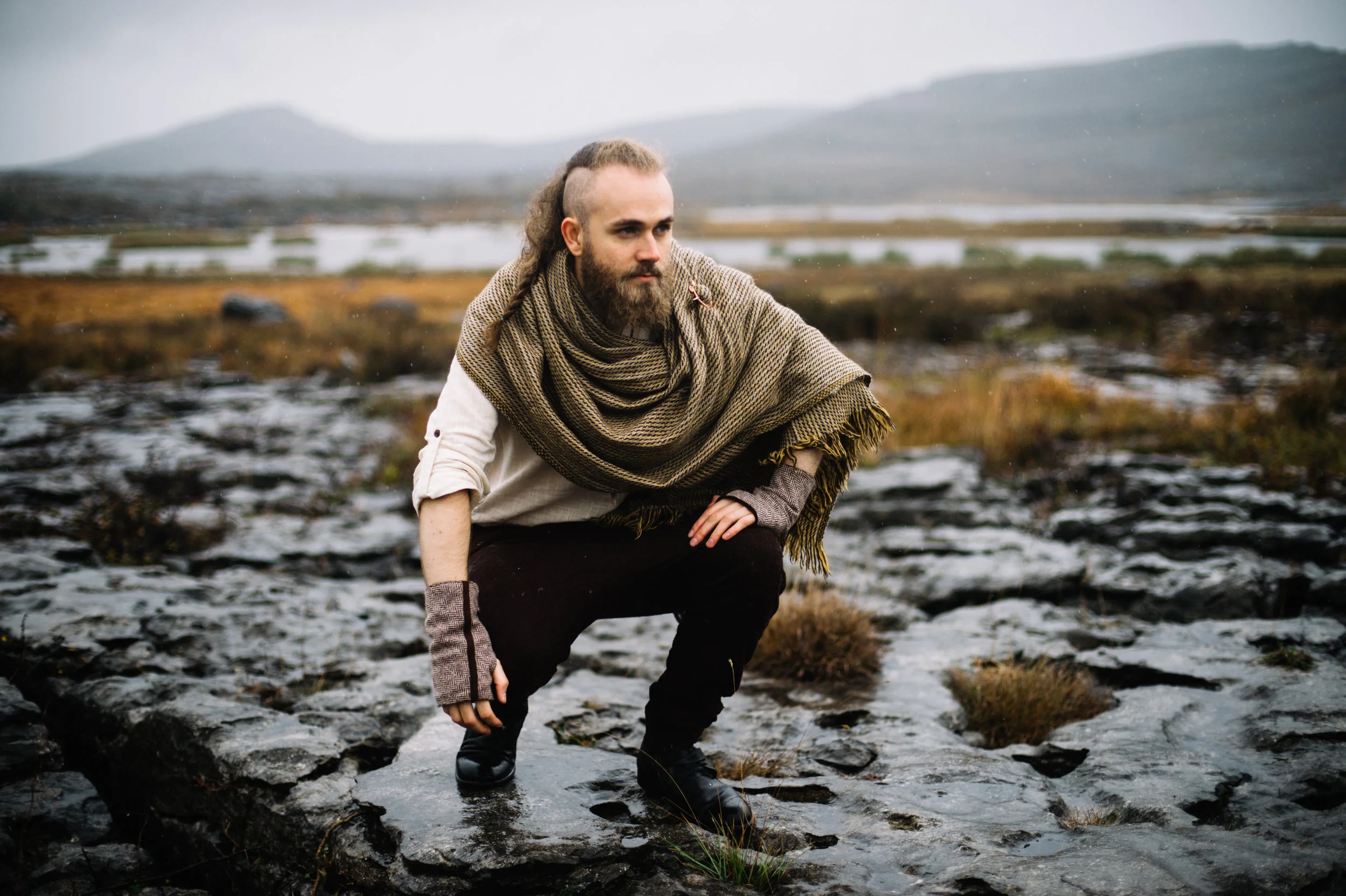 Leon Balmes modelling celtic fusion shawl and uisneach brooch photogrraphy by Kate Bean photography