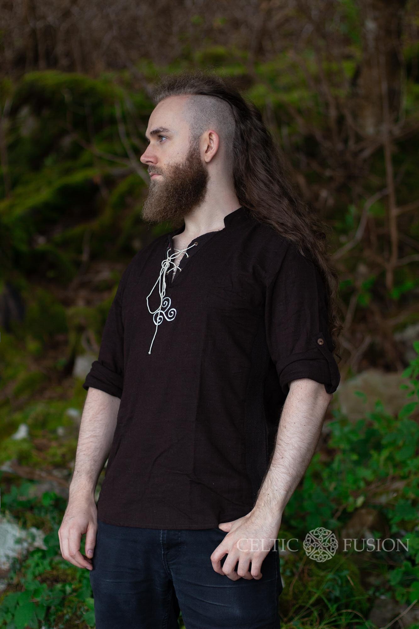Viking Linen Shirt Brown Triskele — Celtic Fusion ~ Folklore Clothing