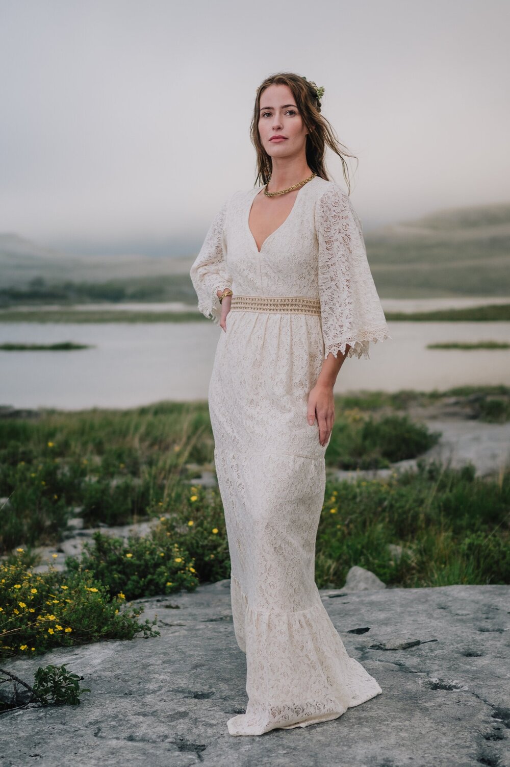 Boho Wedding Dress with Flared Bell Sleeves