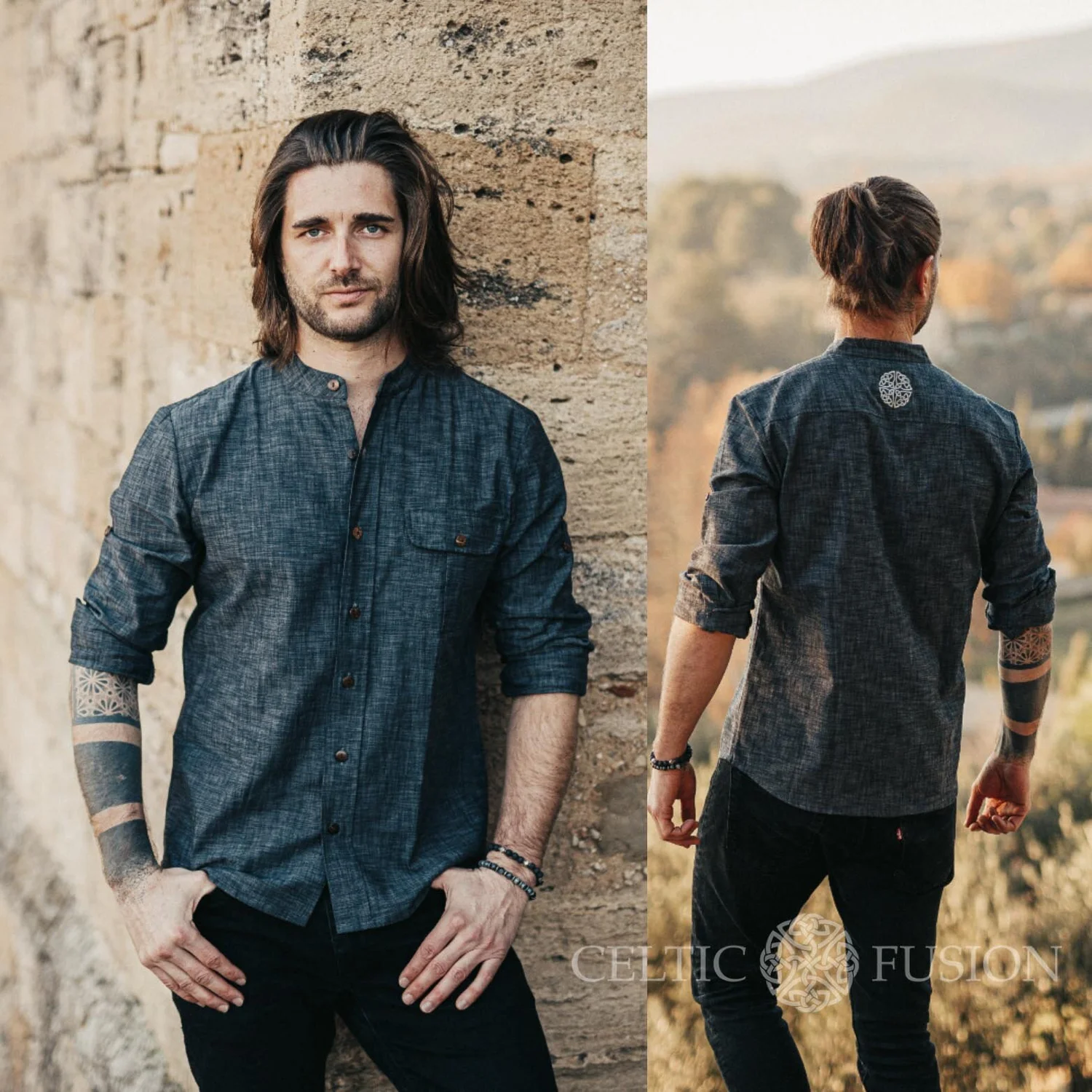 Navy Casual Shirt. Dark Celtic Shield Collarless Shirt — Celtic Fusion ~  Free Spirit ~ Pagan Clothing