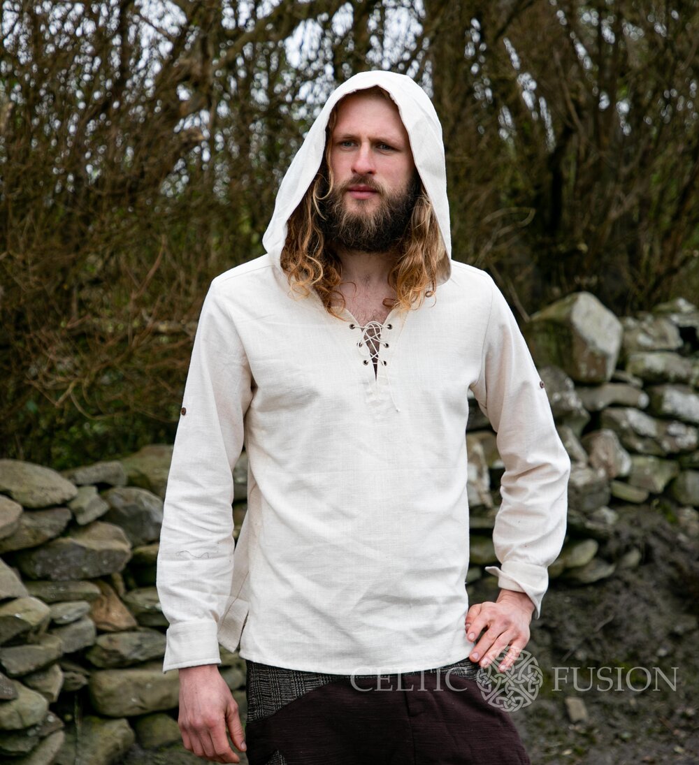 Aed Hooded Off white Shirt, Mens Viking Tunic Celtic Fusion ~ Folklore Clothing