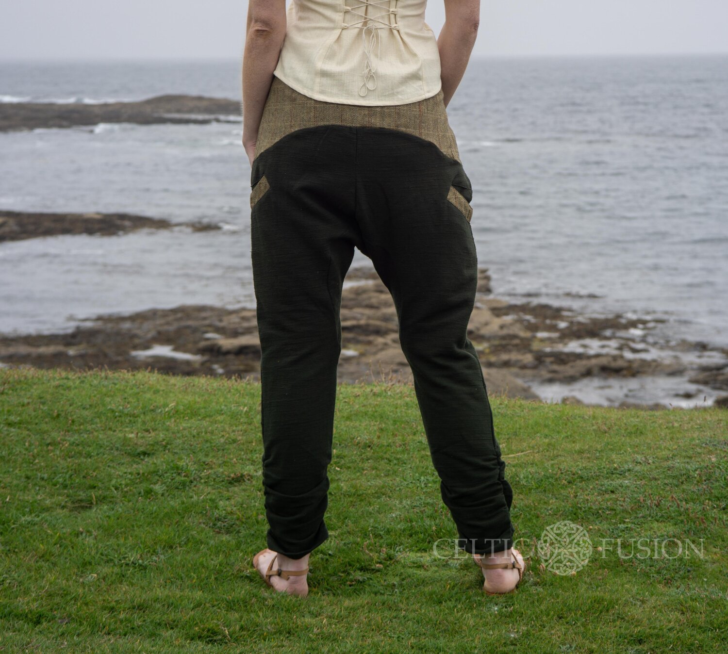 Unisex Green Low Rider Tweed Trousers. — Celtic Fusion ~ Folklore Clothing