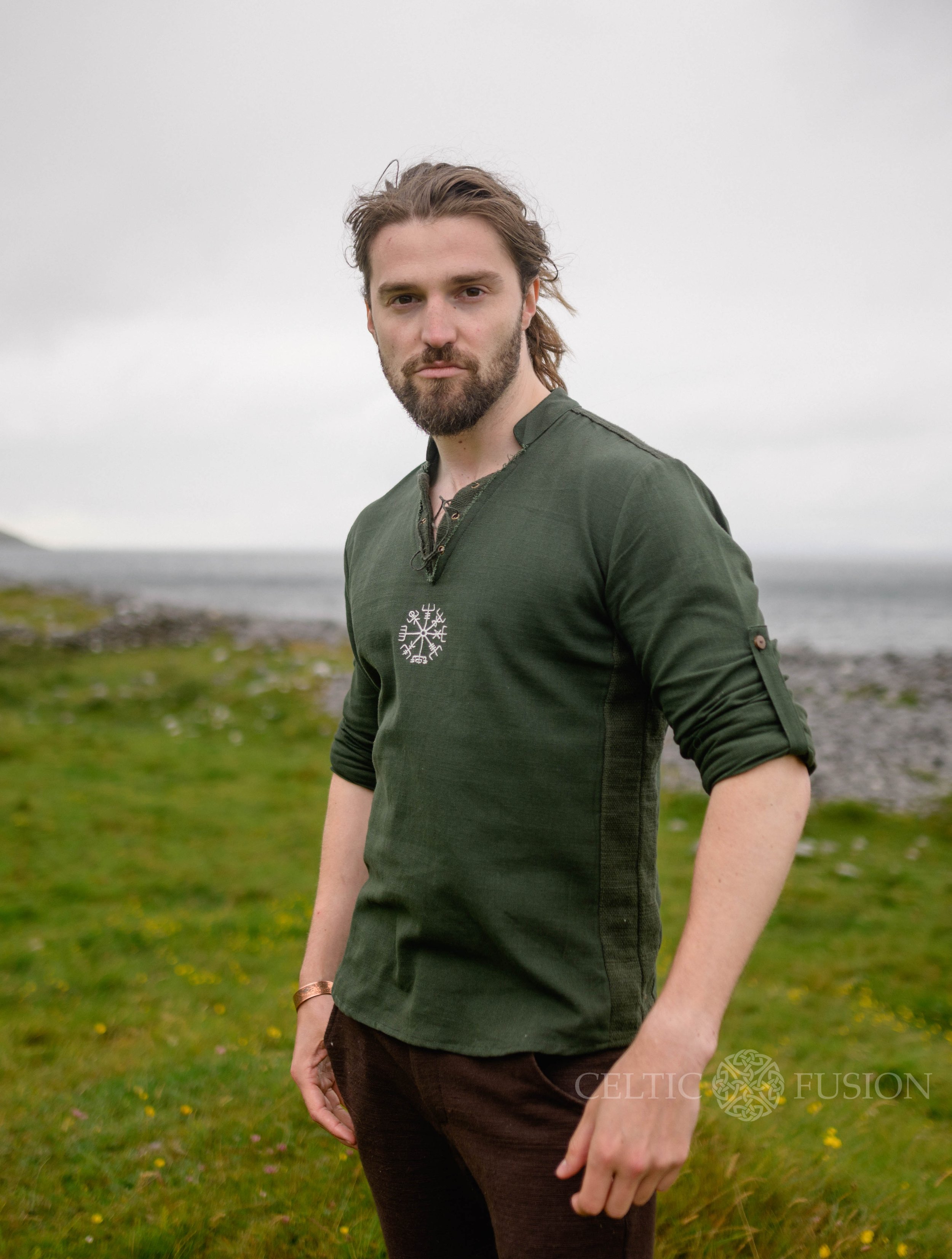 Dark Brown Viking Linen Shirt, Viking Vegvisir Shield — Celtic Fusion ...