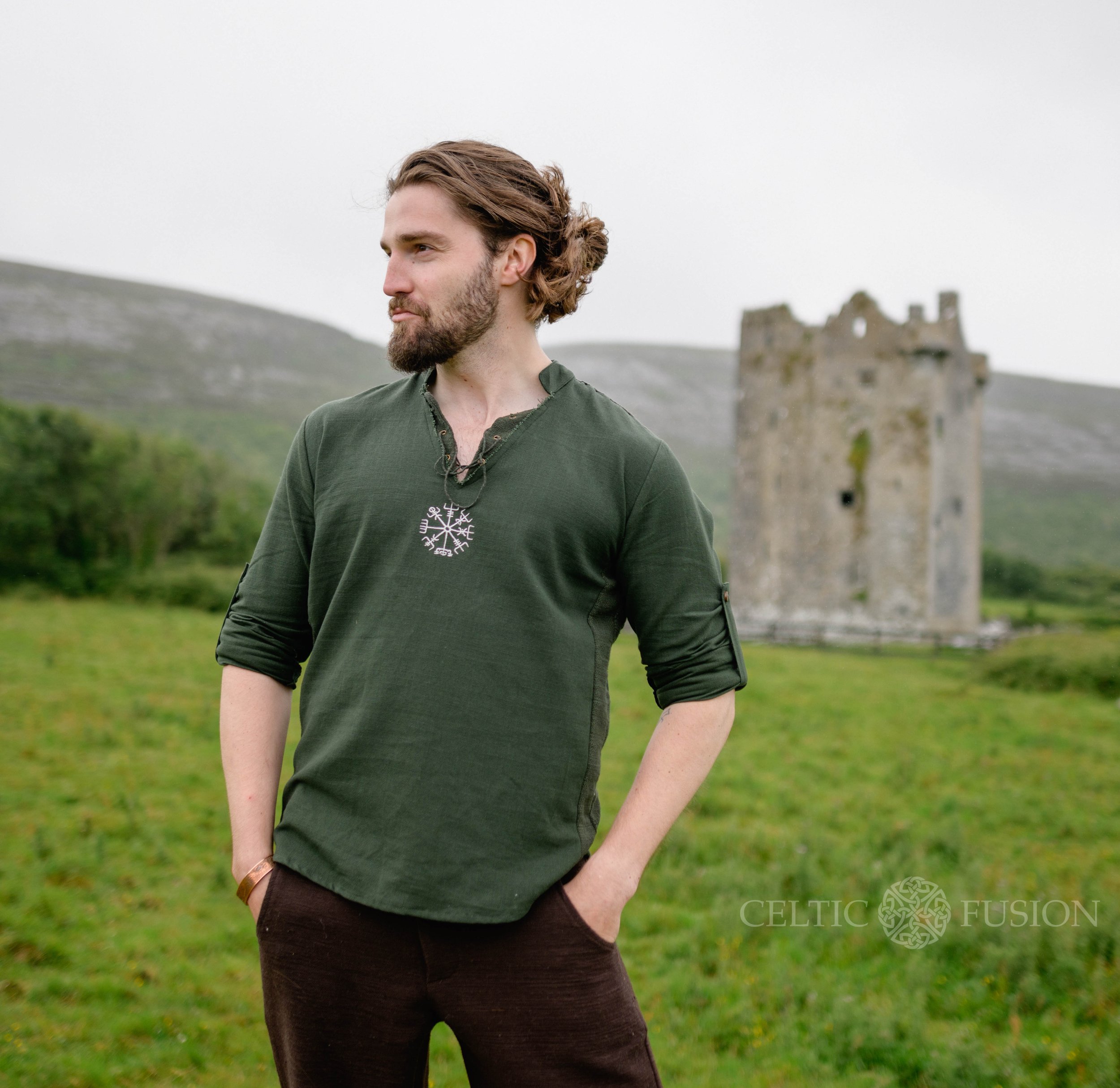 Dark Brown Viking Linen Shirt, Viking Vegvisir Shield — Celtic Fusion ...