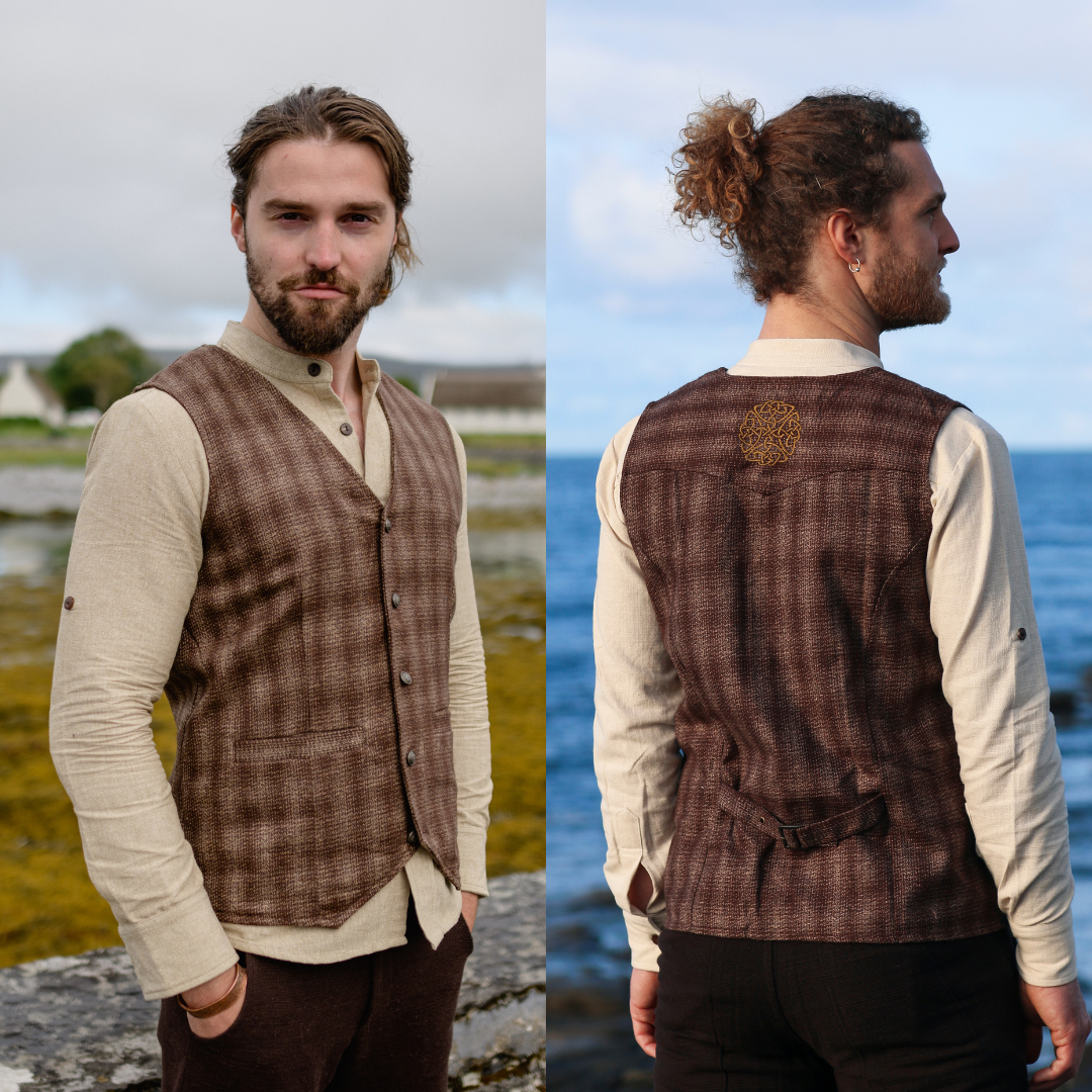 cottagecore mens fashion, cottagecore outfits male, men’s irish clothing, mens irish wedding, celtic outfit, gingham waistcoat, cottagecore waistcoat, celtic shield symbol, celtic shield clothing