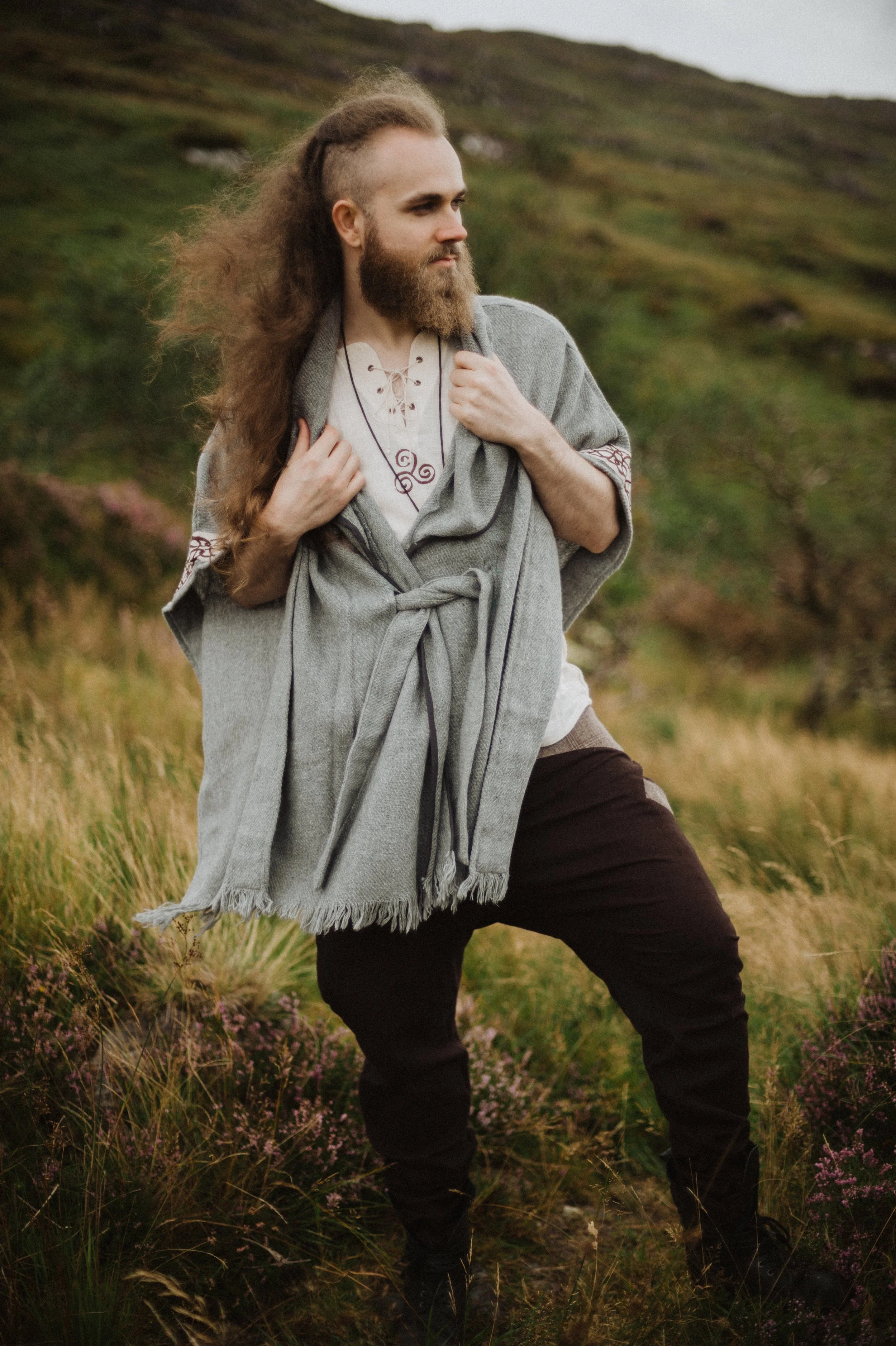 Grey mens ruana cloak with celtic embroidery — Celtic Fusion Folklore