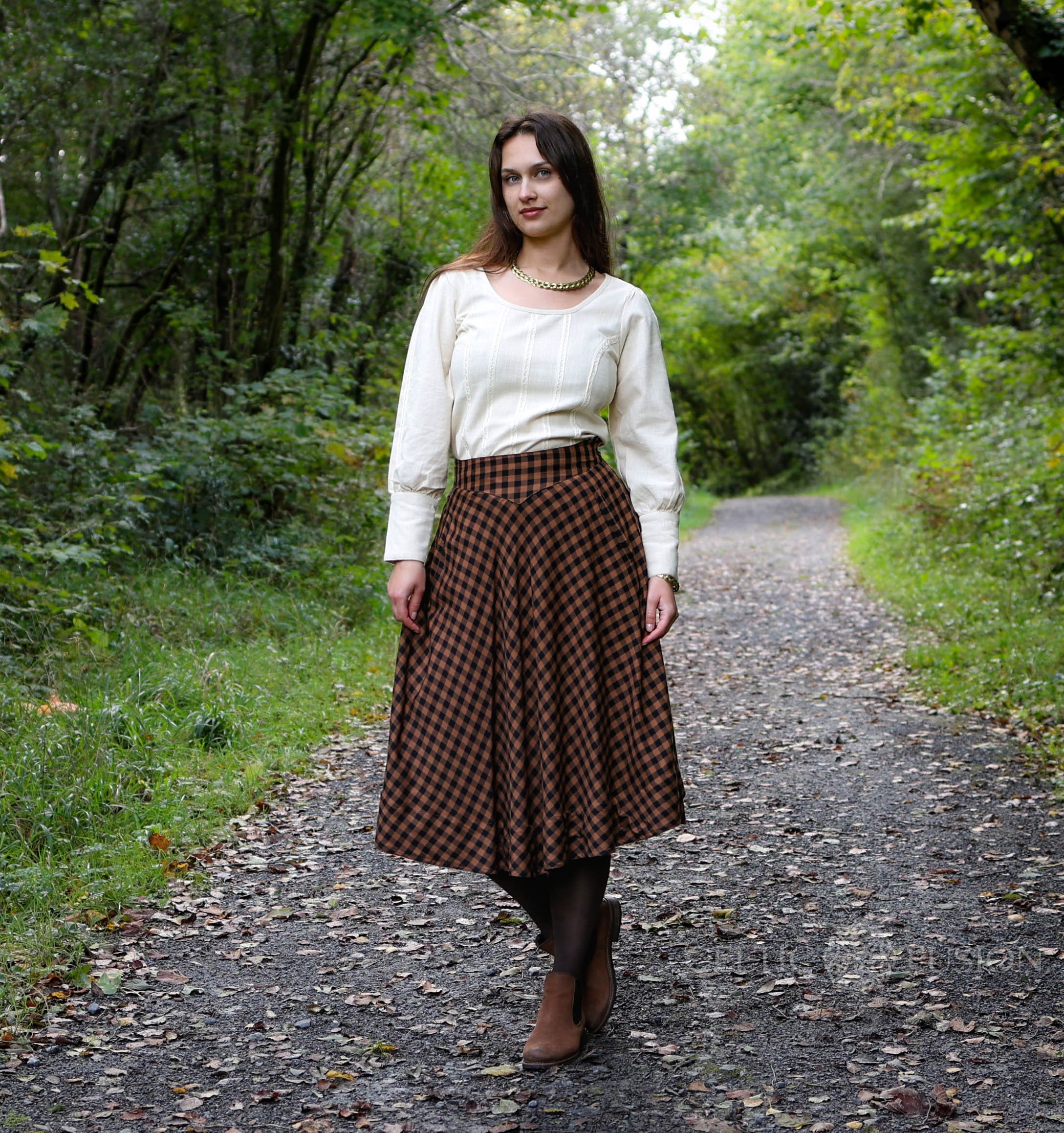 Brown Checked Midi Skirt — Celtic Fusion ~ Folklore Clothing