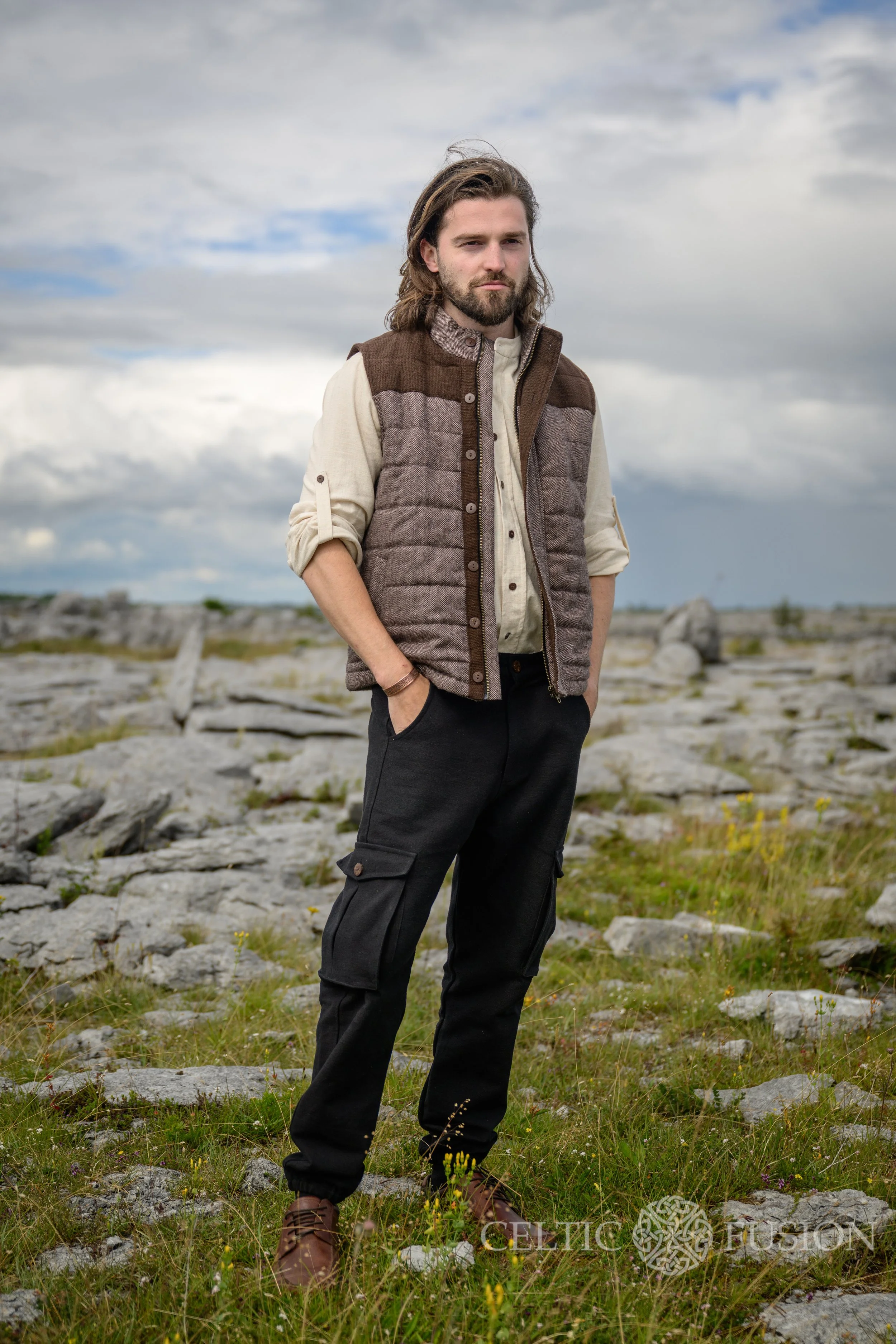 Men's black trousers and jogger cargo trousers, crafted from handwoven heavy cotton. These versatile mens casual trousers feature 6 functional pockets, elastic waist, and jogger-style ankles.