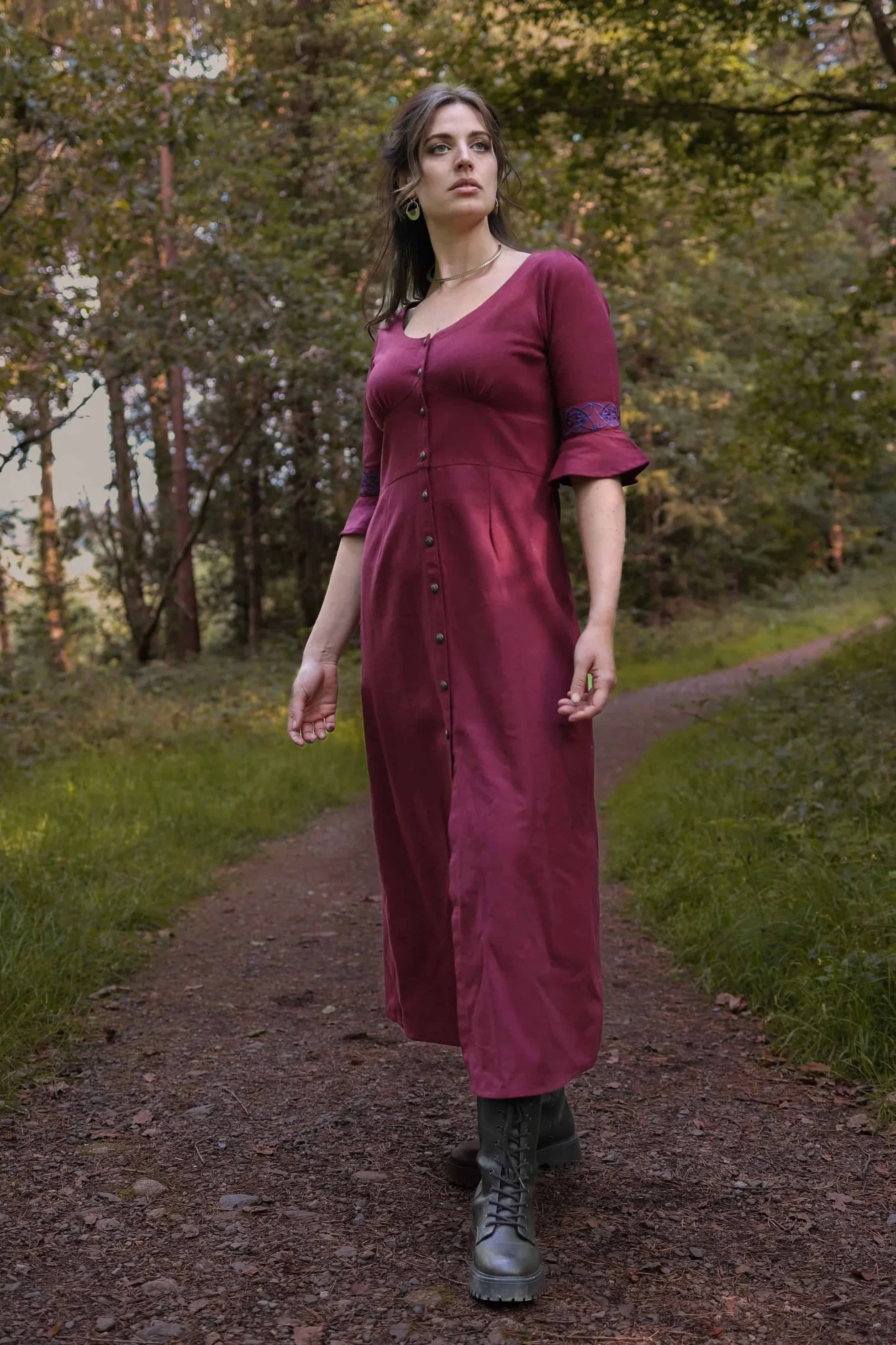 Romantic Celtic dress in deep berry red with Celtic knot embroidery and button-down design. Breathable cotton folklore dress inspired by the Hawthorn tree.