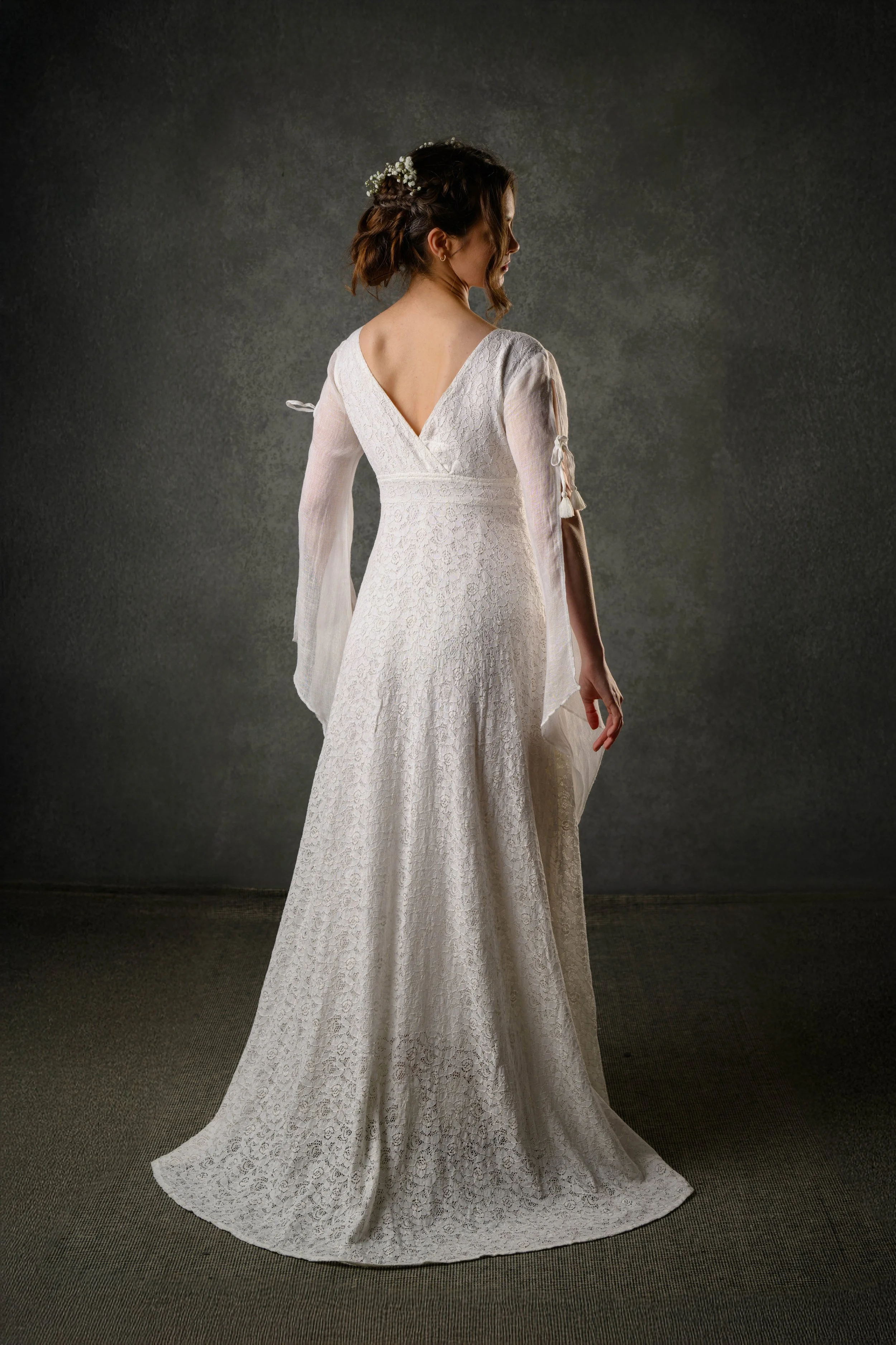 Fairytale wedding dress with sleeves, cotton lace wedding dress with linen sleeve.jpg