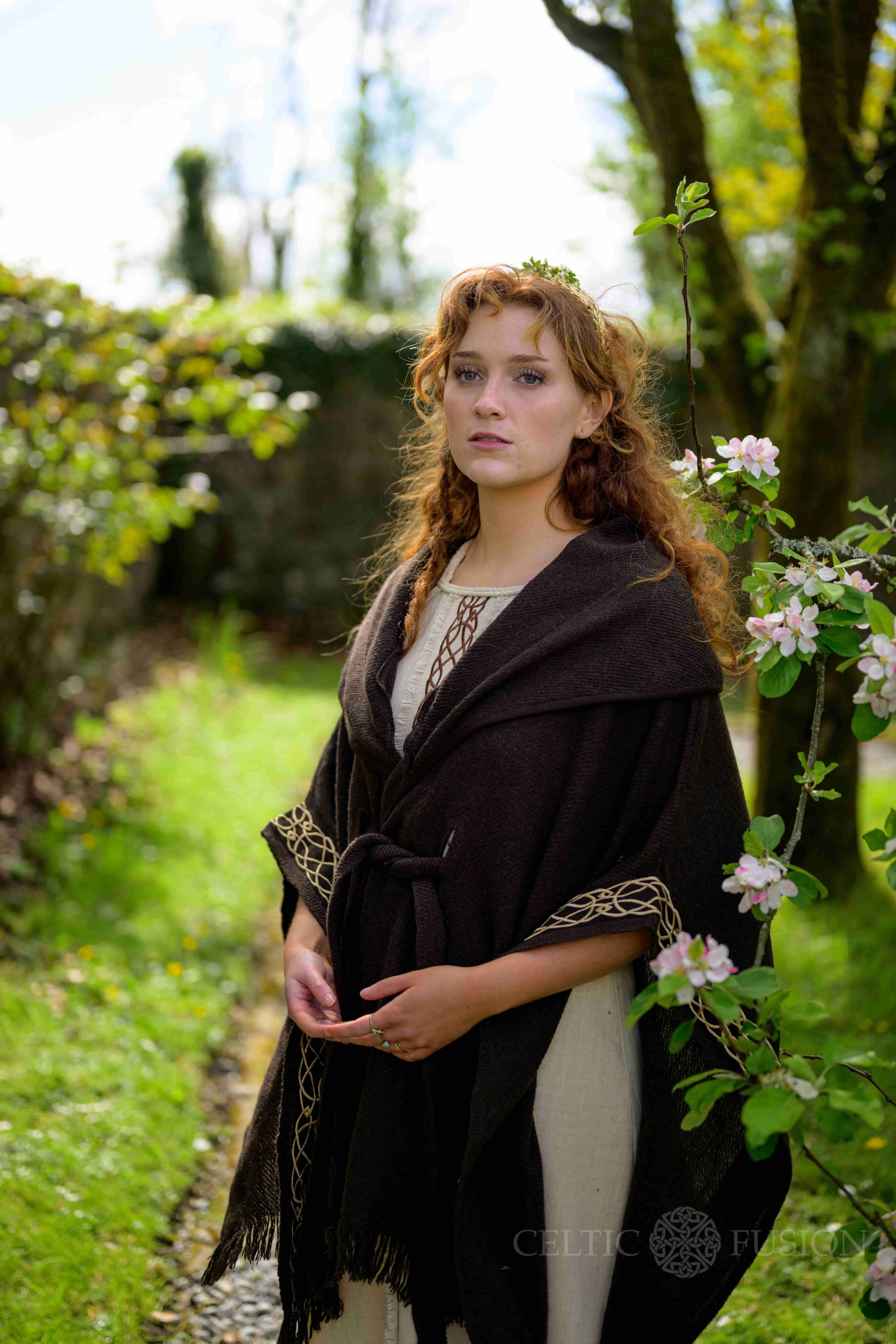 Celtic clothing dark and earthy druid cape in brown with Celtic embroidery designed by Celtic Fusion