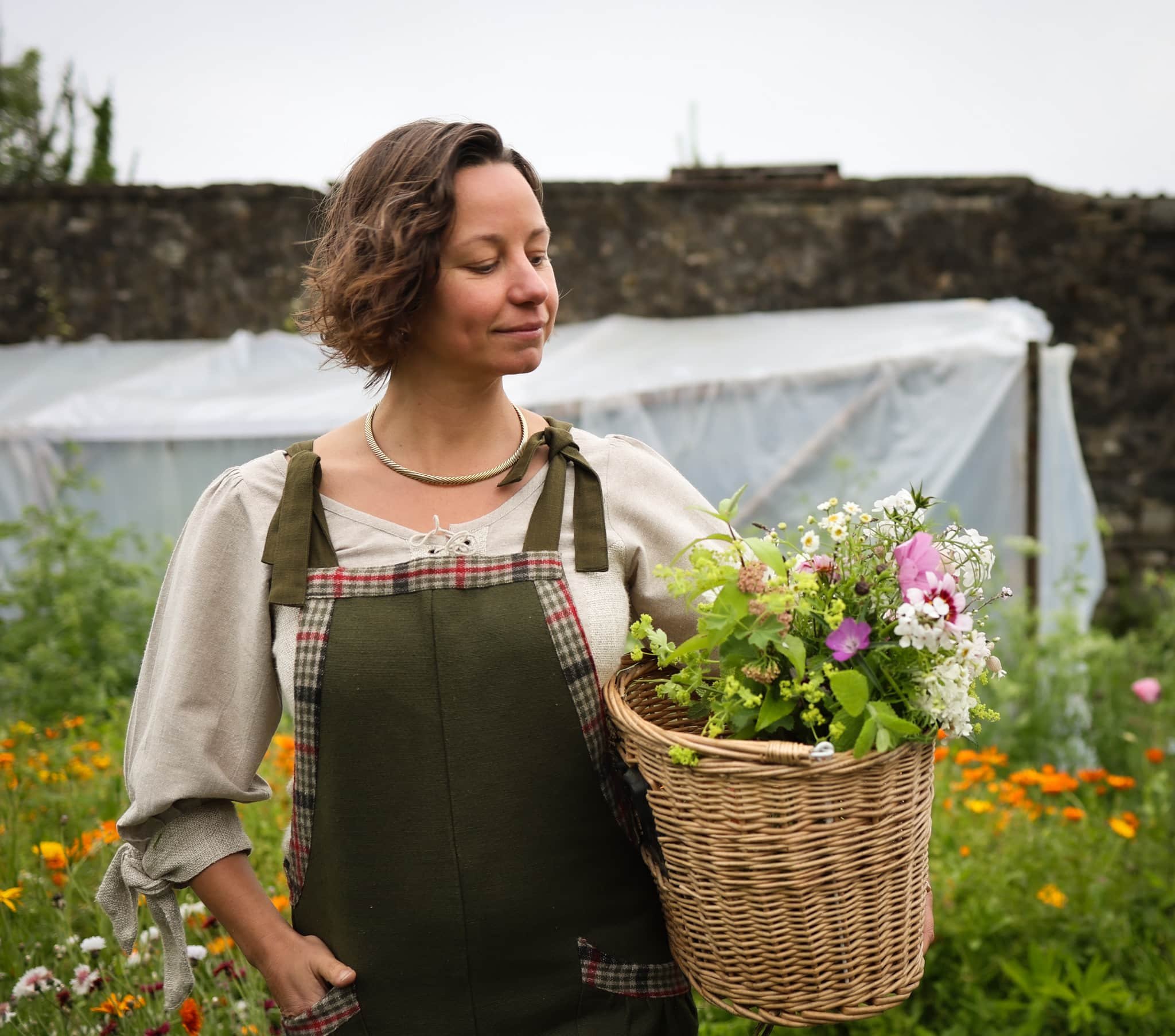 Meadow Green Dungarees – breathable cotton green overalls inspired by folklore fashion and designed for life in the garden or countryside