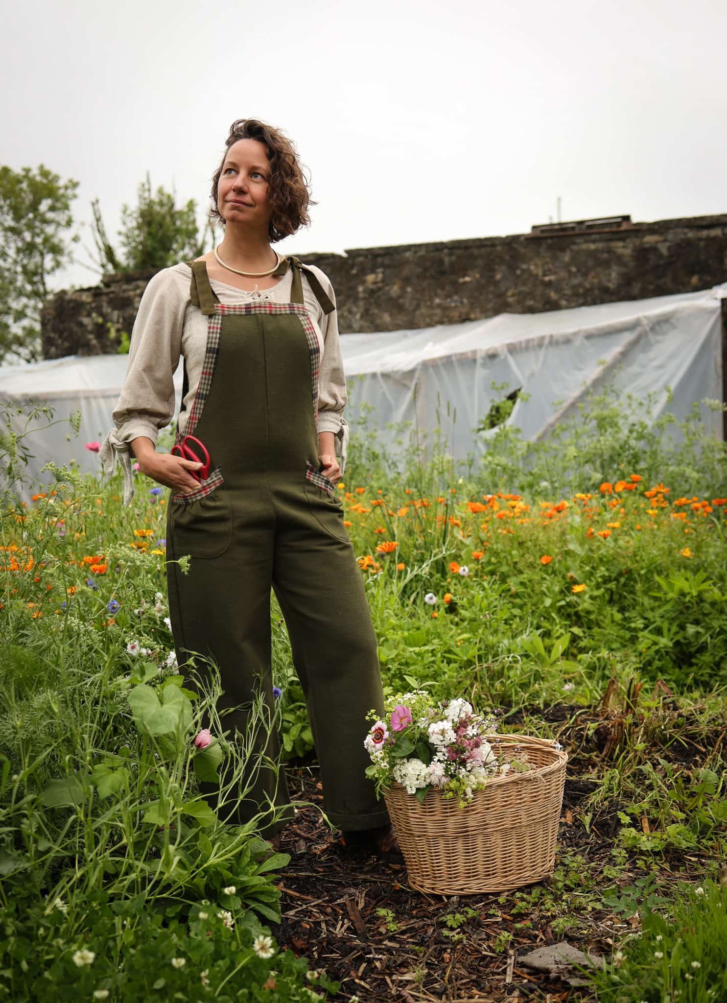 Meadow Green Dungarees – breathable cotton green overalls inspired by folklore fashion and designed for life in the garden or countryside