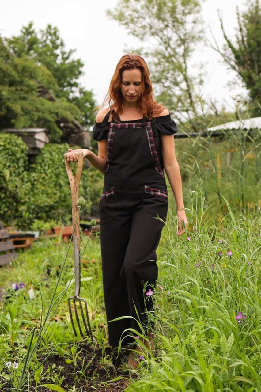 Embrace folklore fashion with our Meadow Black Dungarees, a breathable black jumpsuit made from natural cotton and detailed with tweed trims, the perfect cotton overalls for everyday layering