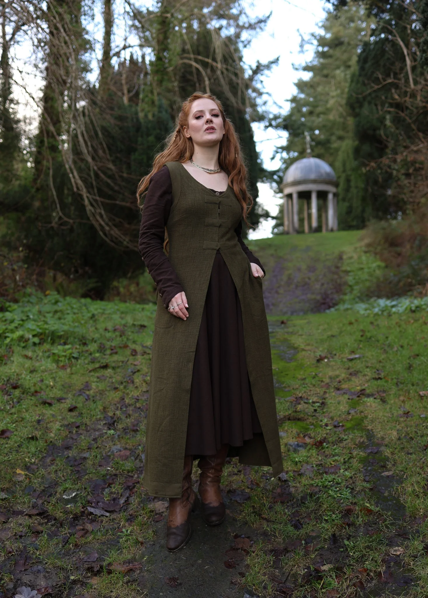 Sleeveless Epona vest dress in earthy tones, Celtic clothing with folklore charm.
