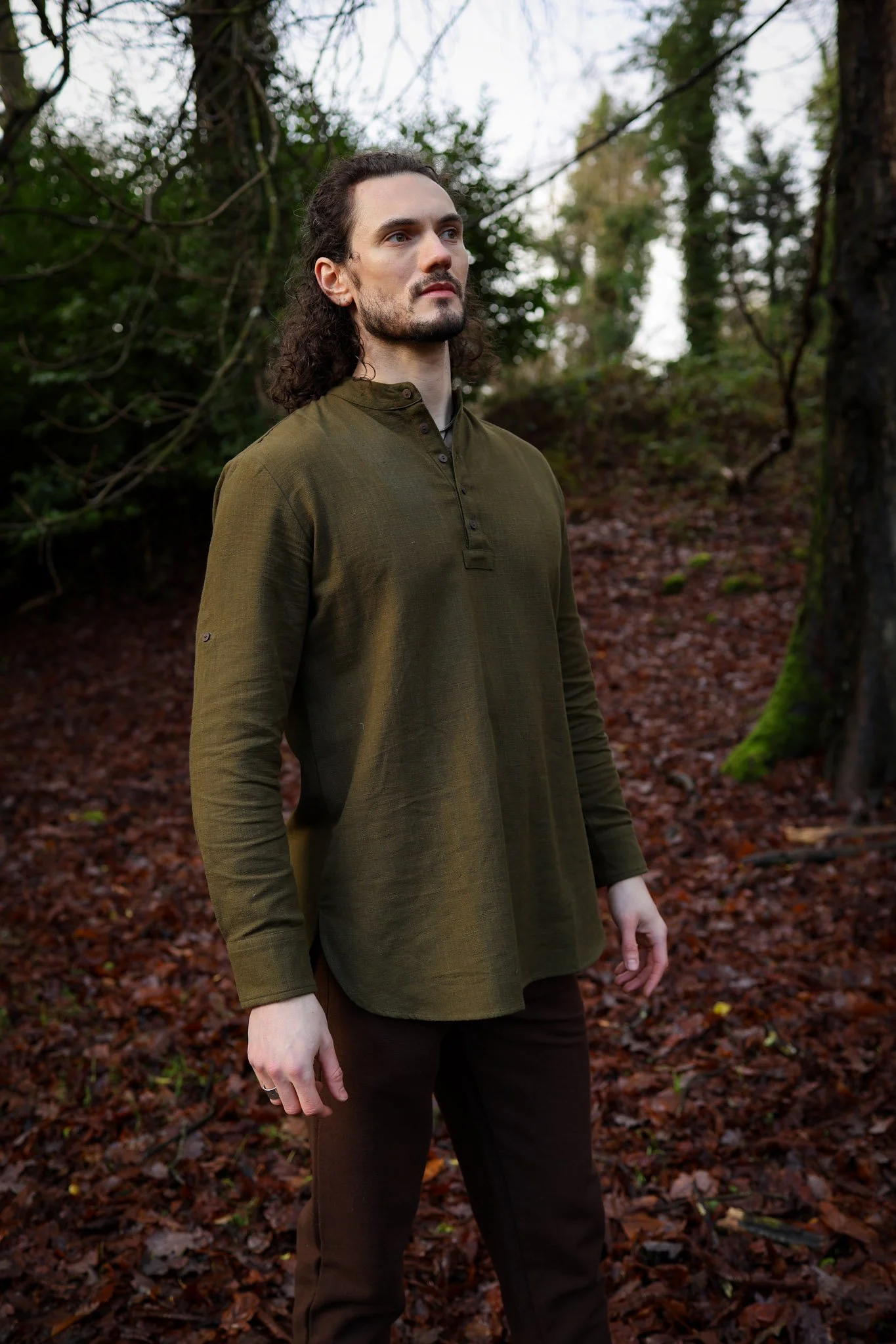 Experience rustic elegance with our Grandfather collar shirt, a heavy cotton men's quarter button shirt, perfect as a breathable men’s collarless shirt in green and other classic colours.