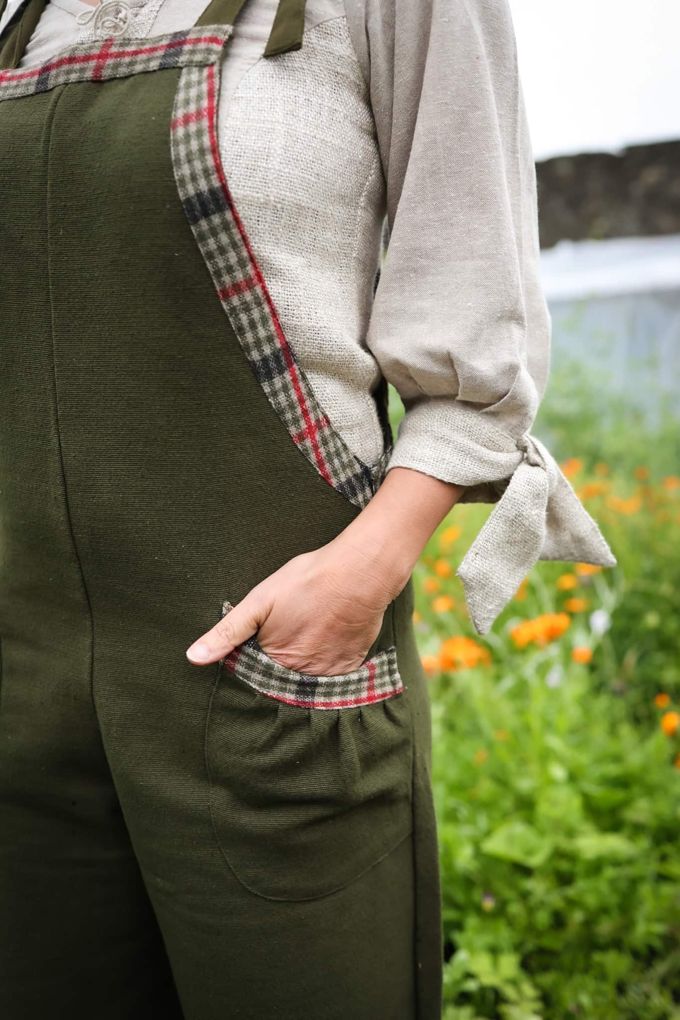 Meadow Green Dungarees – breathable cotton green overalls inspired by folklore fashion and designed for life in the garden or countryside
