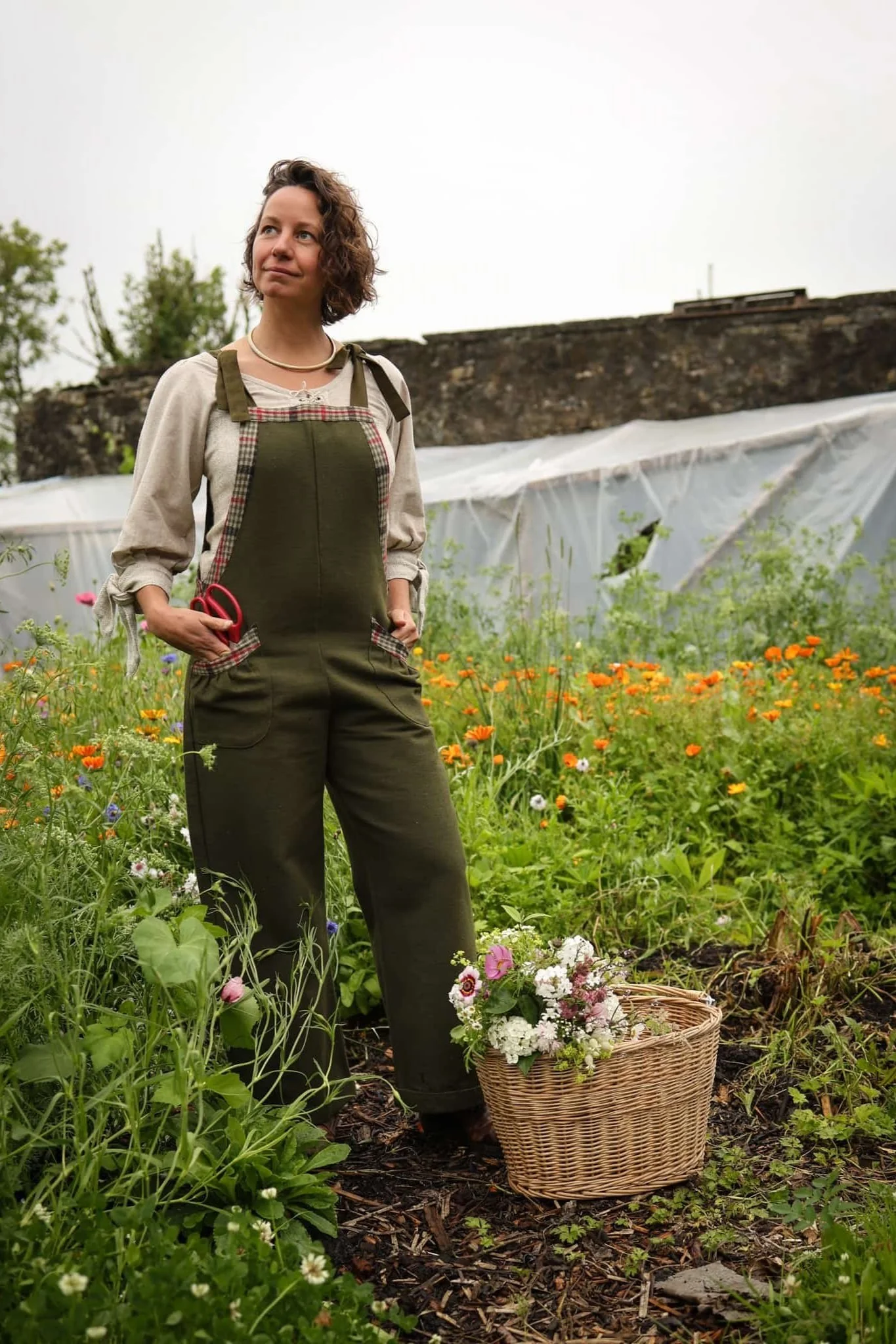 Meadow Green Dungarees – breathable cotton green overalls inspired by folklore fashion and designed for life in the garden or countryside