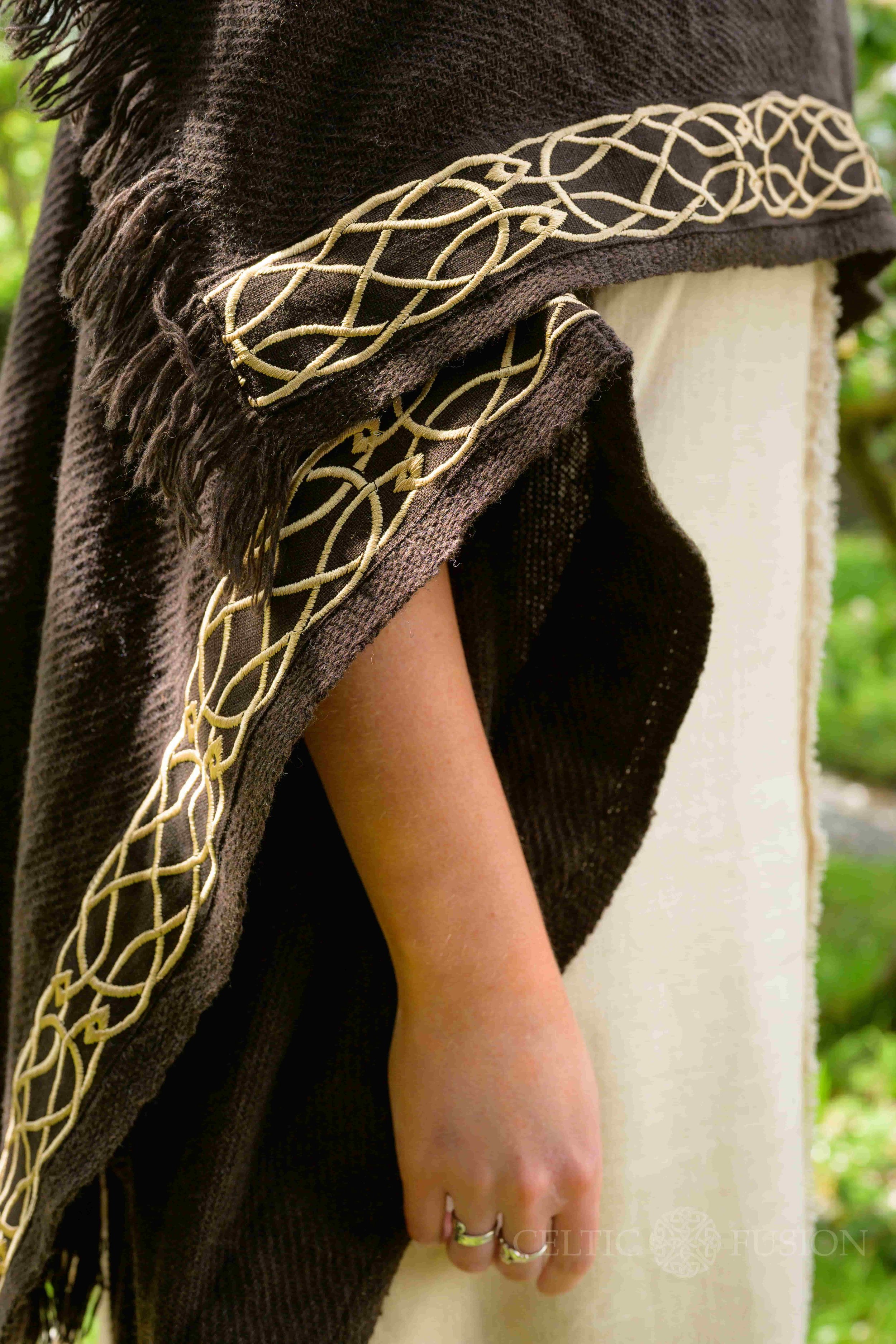 Celtic clothing dark and earthy druid cape in brown with Celtic embroidery designed by Celtic Fusion
