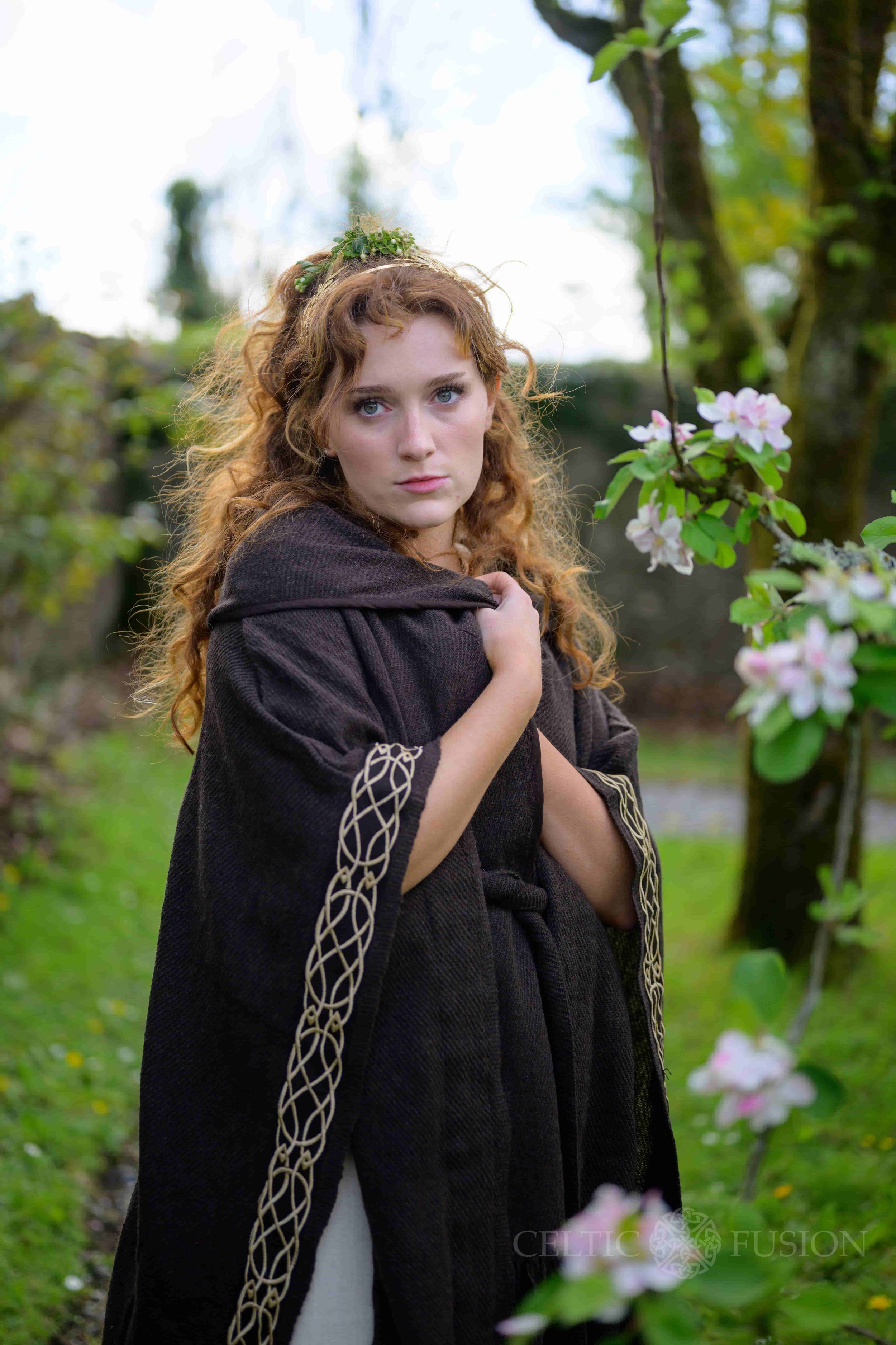 Celtic clothing dark and earthy druid cape in brown with Celtic embroidery designed by Celtic Fusion