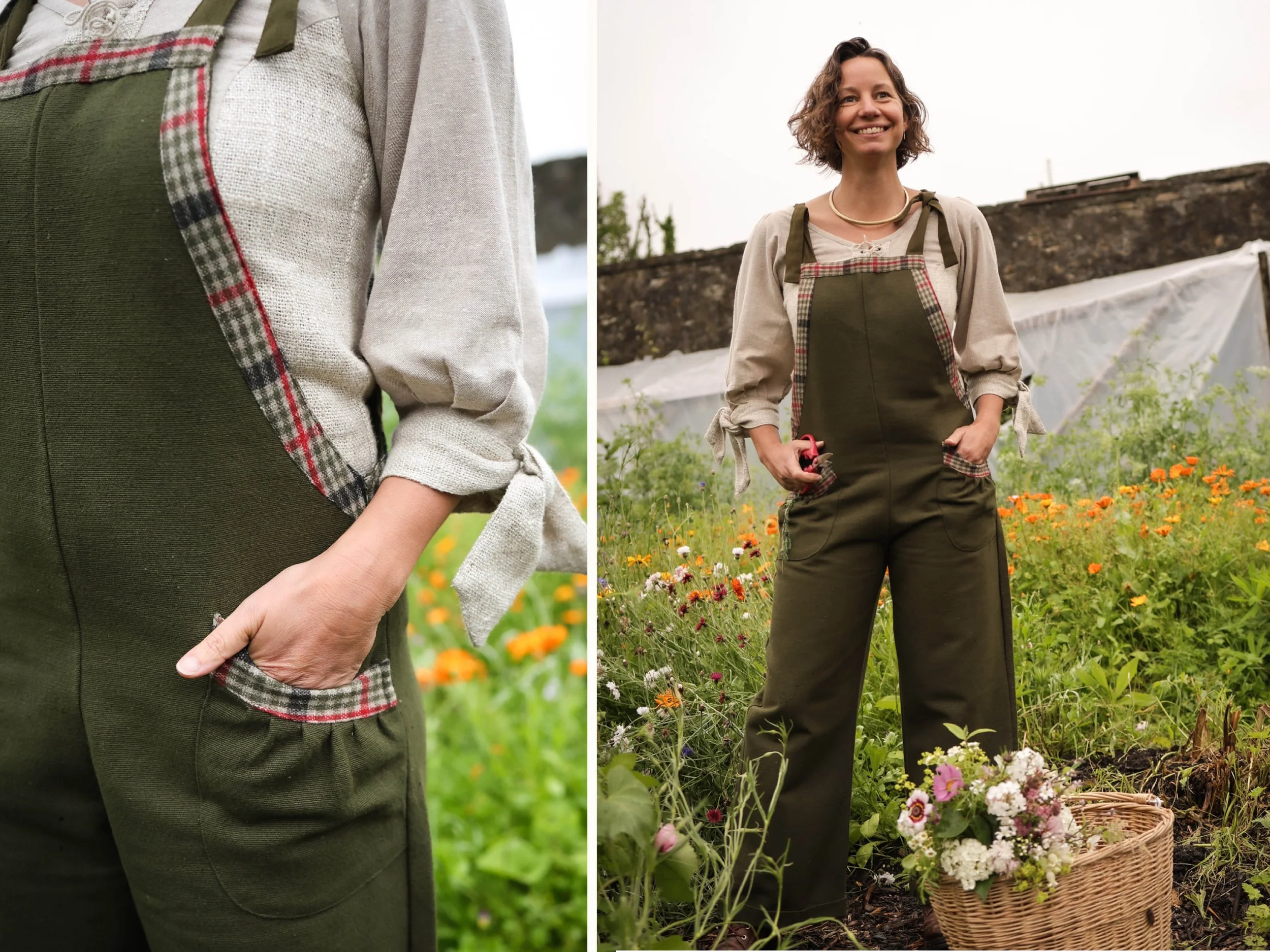 Green Dungarees design in a wild flower garden