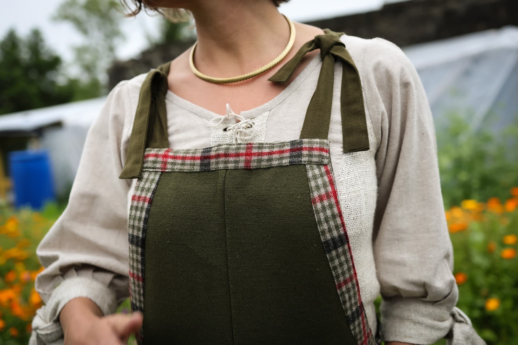 Meadow Green Dungarees – breathable cotton green overalls inspired by folklore fashion and designed for life in the garden or countryside