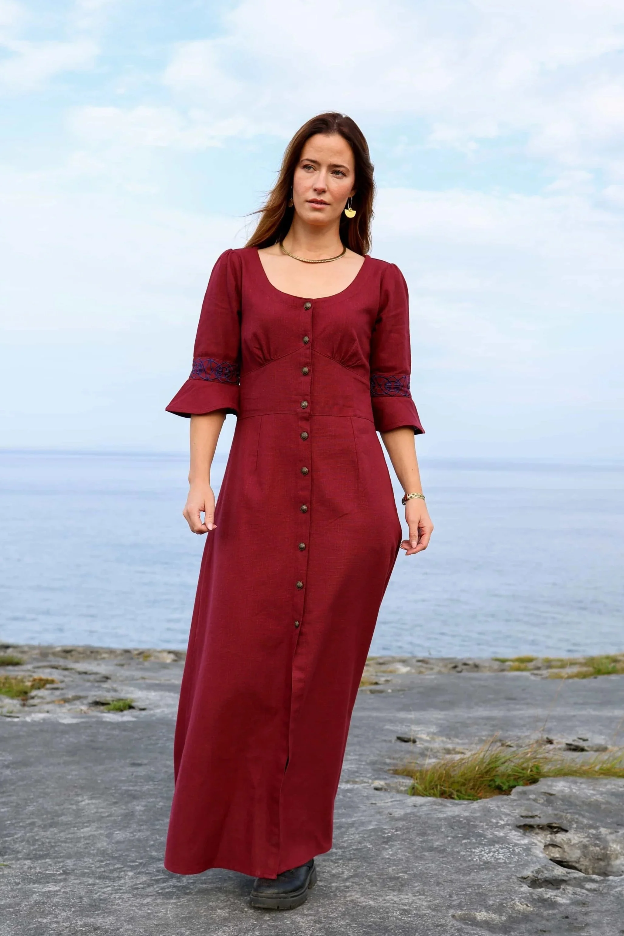 Romantic Celtic dress in deep berry red with Celtic knot embroidery and button-down design. Breathable cotton folklore dress inspired by the Hawthorn tree.