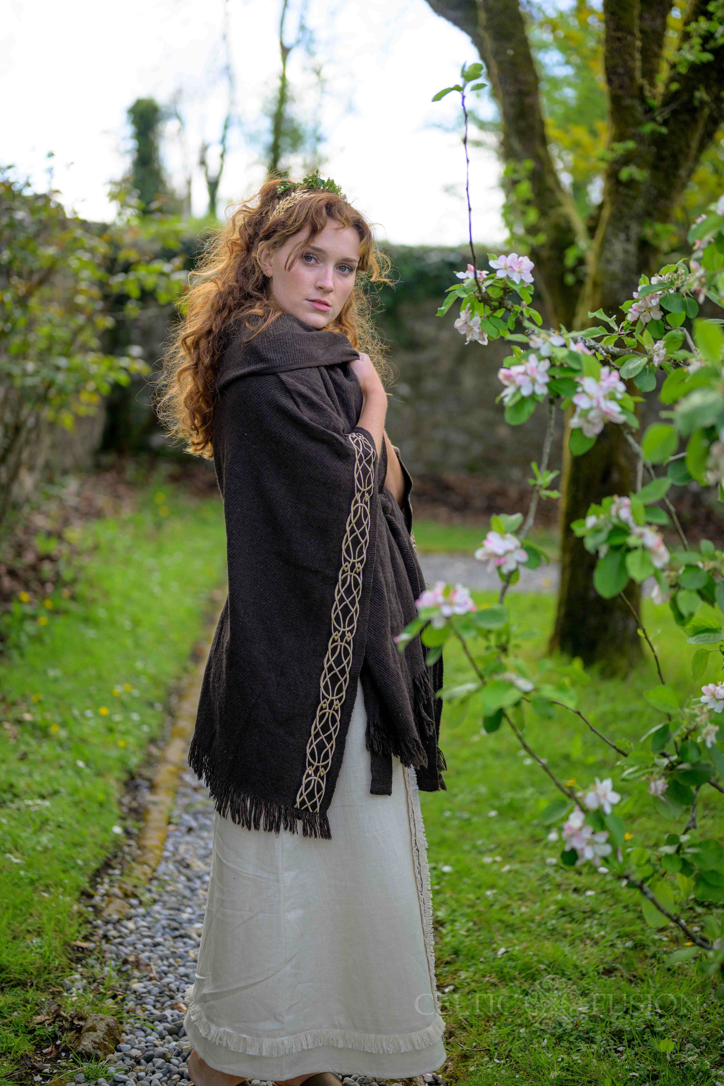 Celtic clothing dark and earthy druid cape in brown with Celtic embroidery designed by Celtic Fusion