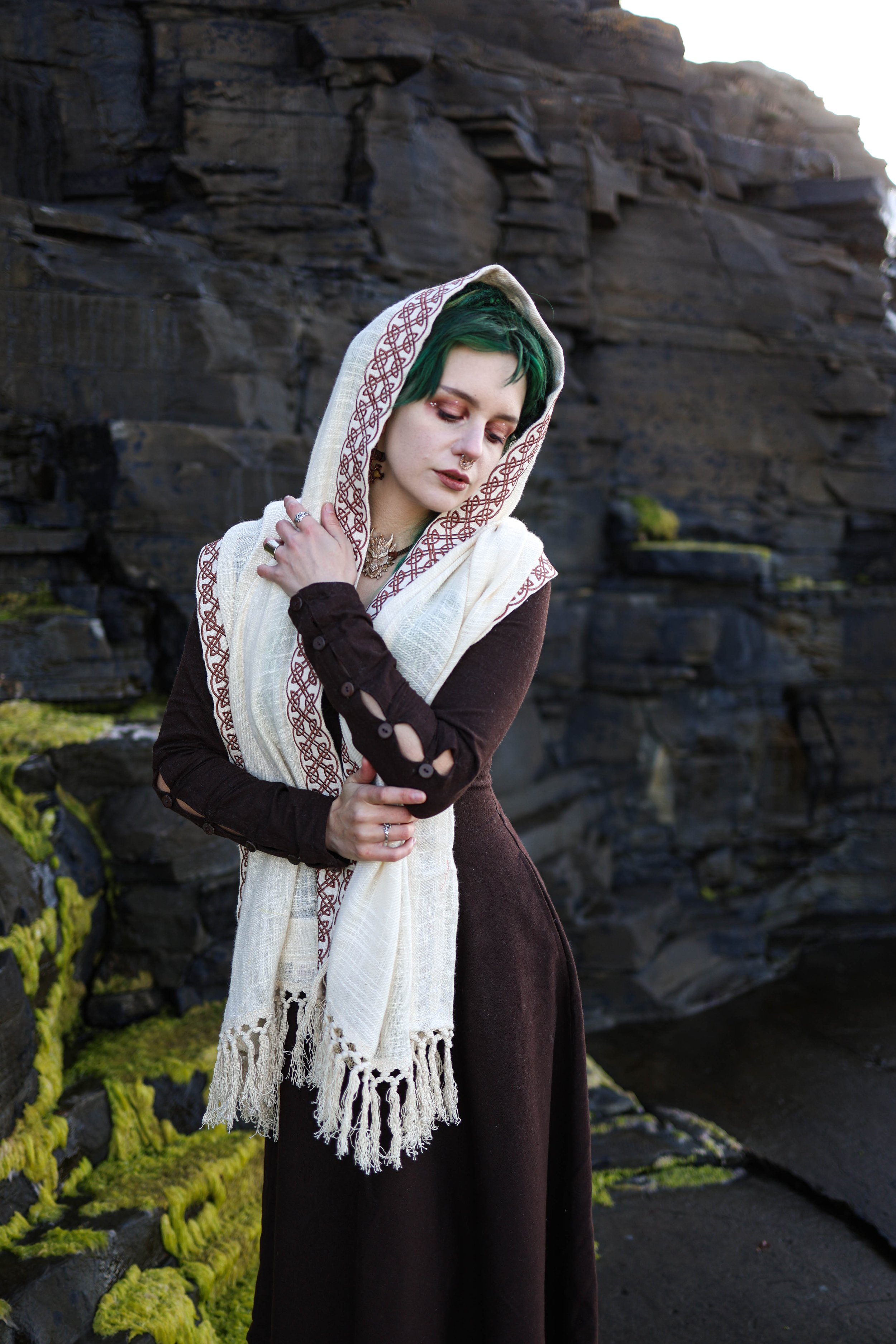 Enhance your style with the Celtic Fusion Cotton Net Shawl, featuring intricate Celtic knot embroidery. Ideal as a wedding shawl or festival shawl.